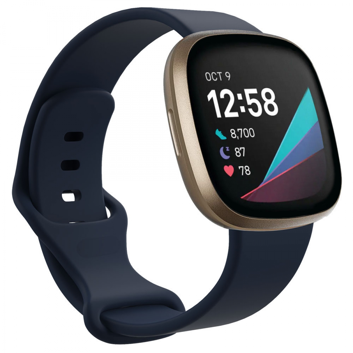 Eine marineblaue Smartwatch zeigt die Uhrzeit und andere Daten an. Sie hat eine goldene Lünette und ein marineblaues Armband.