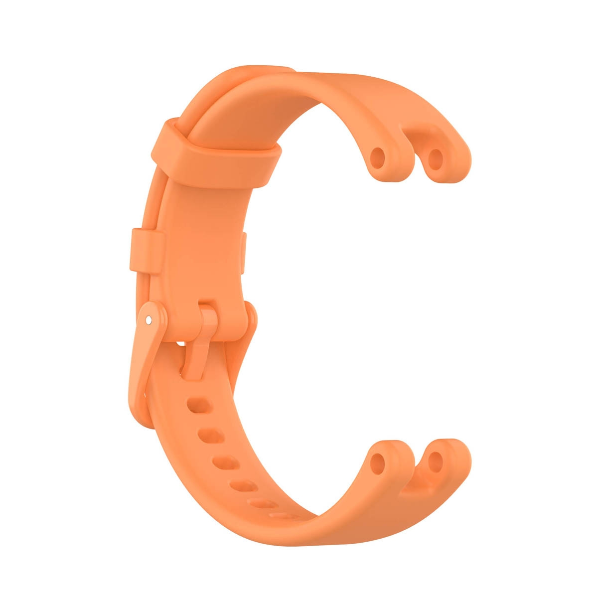 Ein orangefarbenes Armband in C-Form mit verstellbaren Löchern und einem Verschluss, auf Weiß.