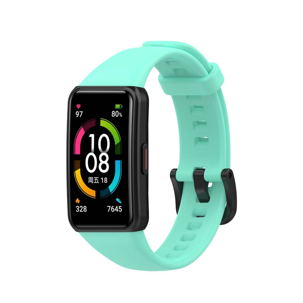 Ein türkisfarbener Fitnesstracker mit schwarzem Bildschirm, der Zeit und Statistiken anzeigt.