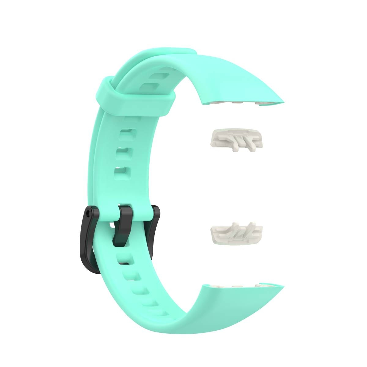 Ein helltürkisfarbenes Smartwatch-Armband mit weißen Anschlüssen. Schwarze Schließe sichtbar. Weißer Hintergrund.