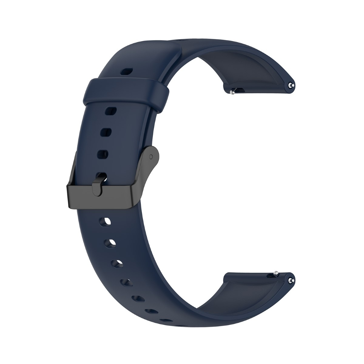 Dunkelblaues Uhrenarmband mit schwarzem Verschluss, weißer Hintergrund.