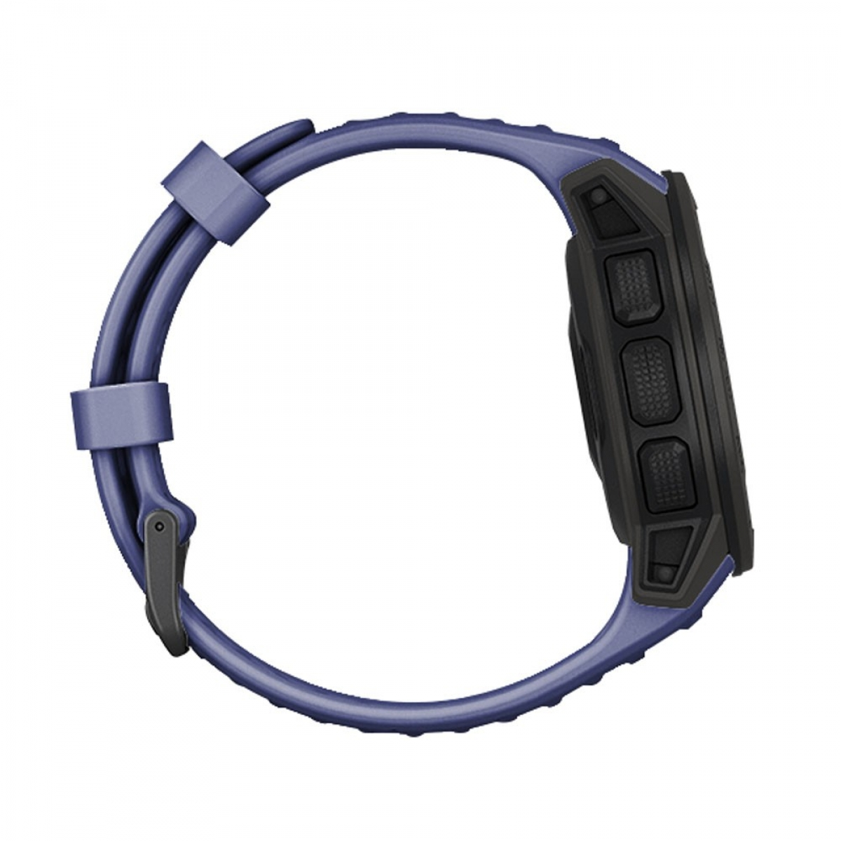 Ein blaues Uhrenarmband mit einem schwarzen Zifferblatt. Die Uhr ist von der Seite zu sehen.