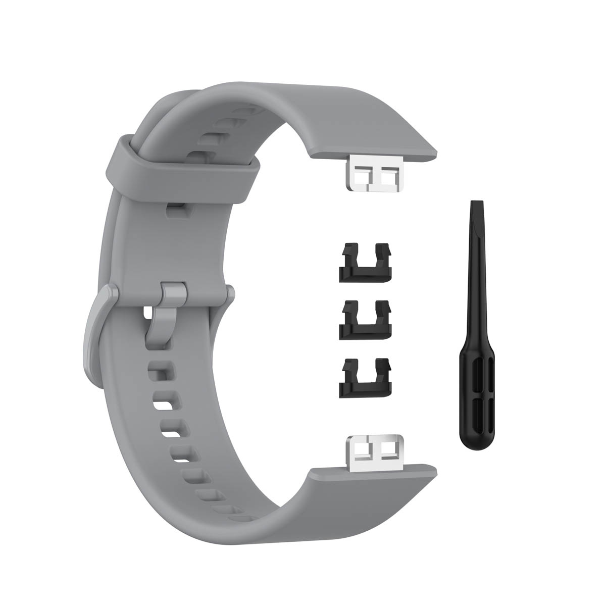 Graues Uhrenarmband mit Verbindungsstiften und einem Werkzeug zur Installation.