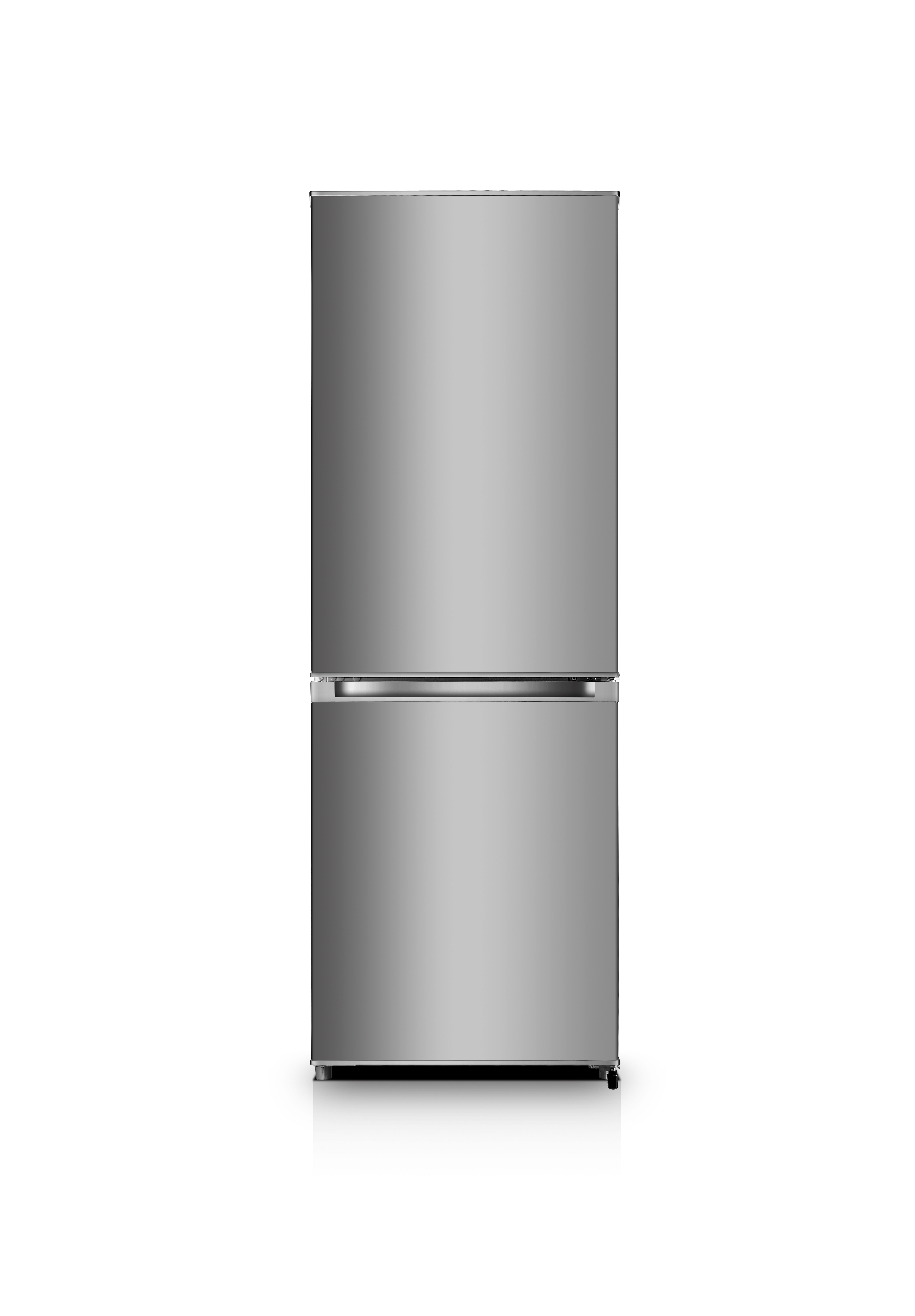 Ein Edelstahlkühlschrank mit zwei Türen. Die obere Tür ist kleiner als die untere Tür. Der Hintergrund ist weiß.