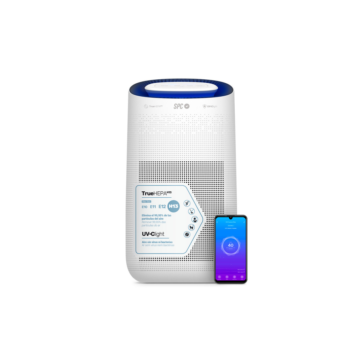 Purificador de aire con teléfono mostrando 40%. Es blanco, con puntos negros y una tapa azul.