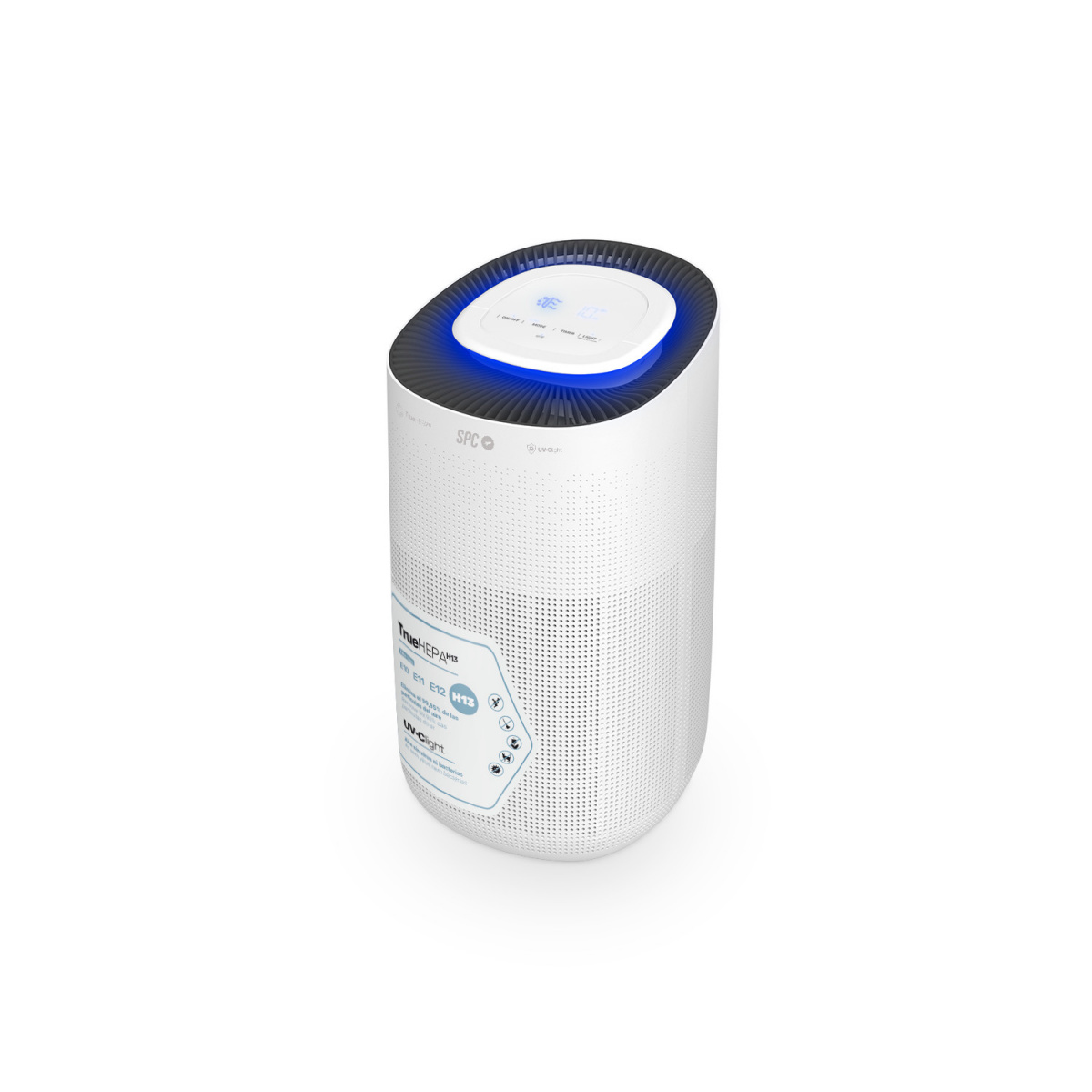 Purificador de aire blanco con luces azules, pantalla y orificios de ventilación, sobre superficie blanca.