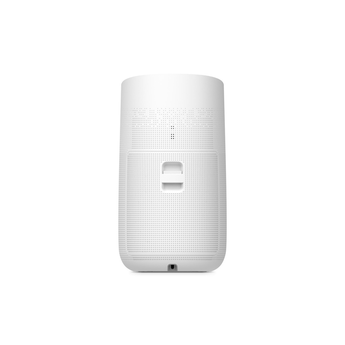 Altavoz blanco. Es cilíndrico, con un asa y muchos agujeros pequeños.