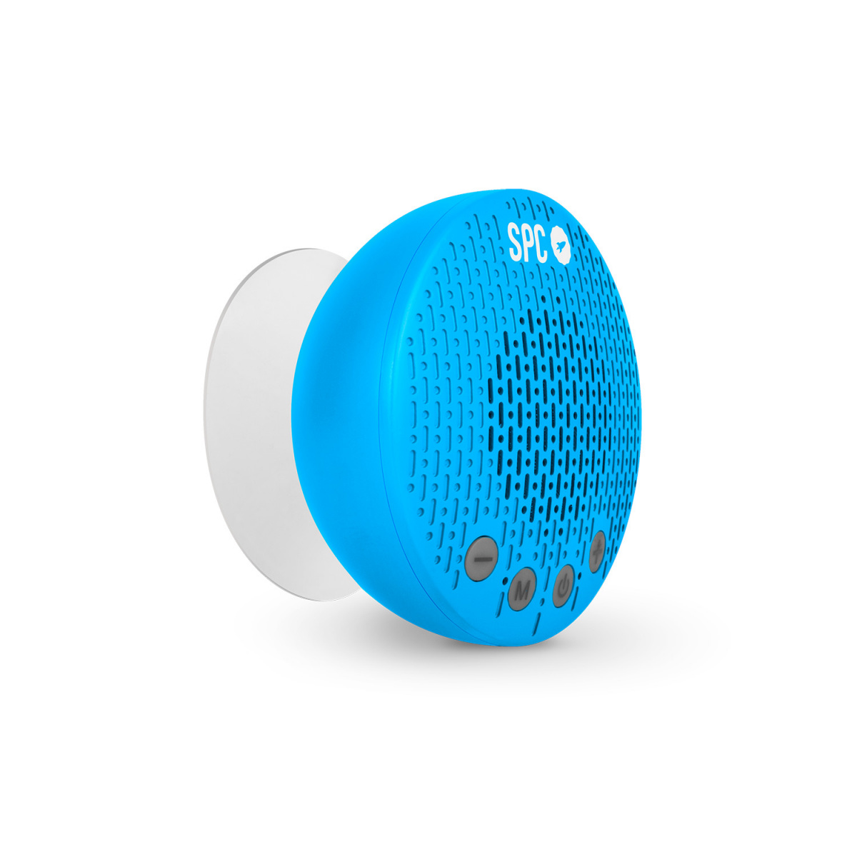 Altavoz portátil azul, redondo, con botones y disco adhesivo blanco, fondo blanco.