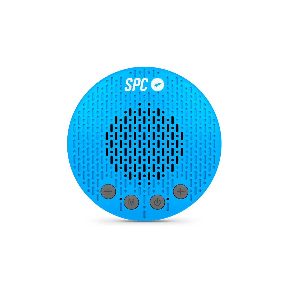 Altavoz impermeable SPC azul con botones. Tiene un logotipo en la parte superior. El fondo es blanco.