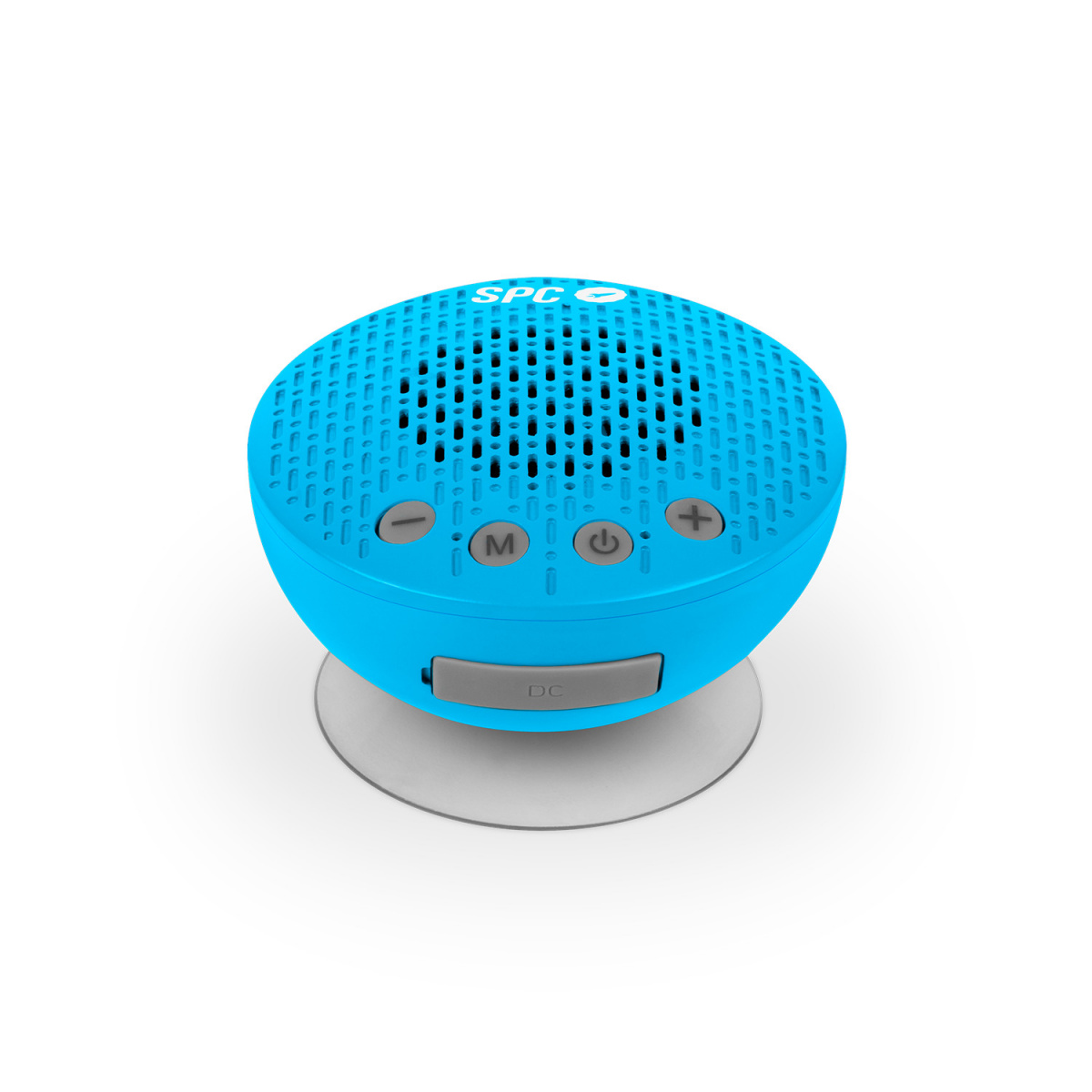 Altavoz portátil azul con botones. Fondo blanco. Vista frontal.