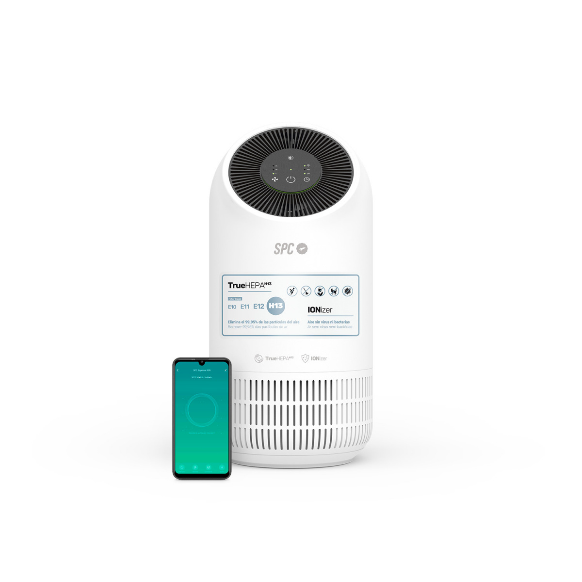 Purificador de aire blanco con pantalla negra y smartphone mostrando una app.