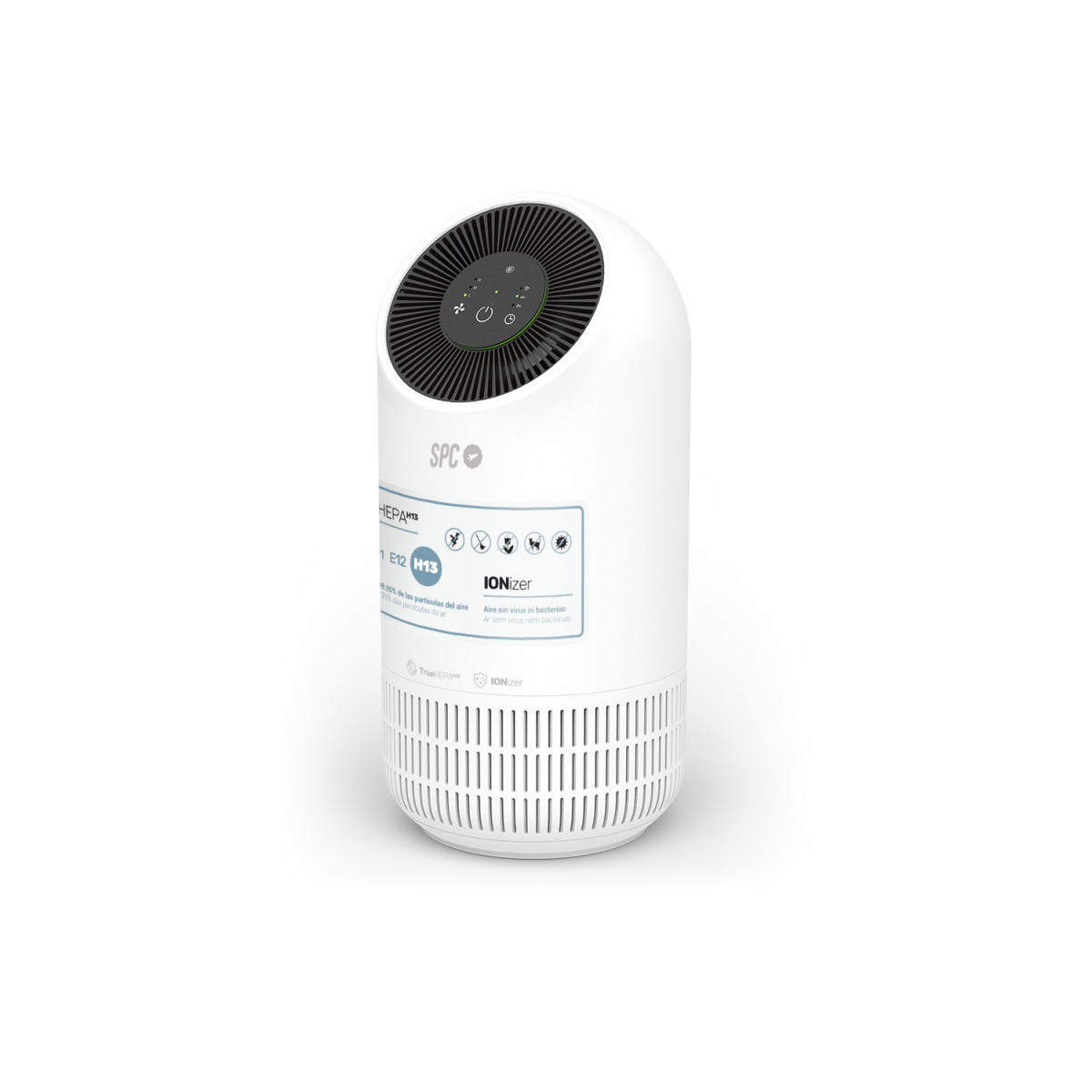 Purificador de aire blanco con parte superior negra y panel frontal. Tiene función de ionizador.