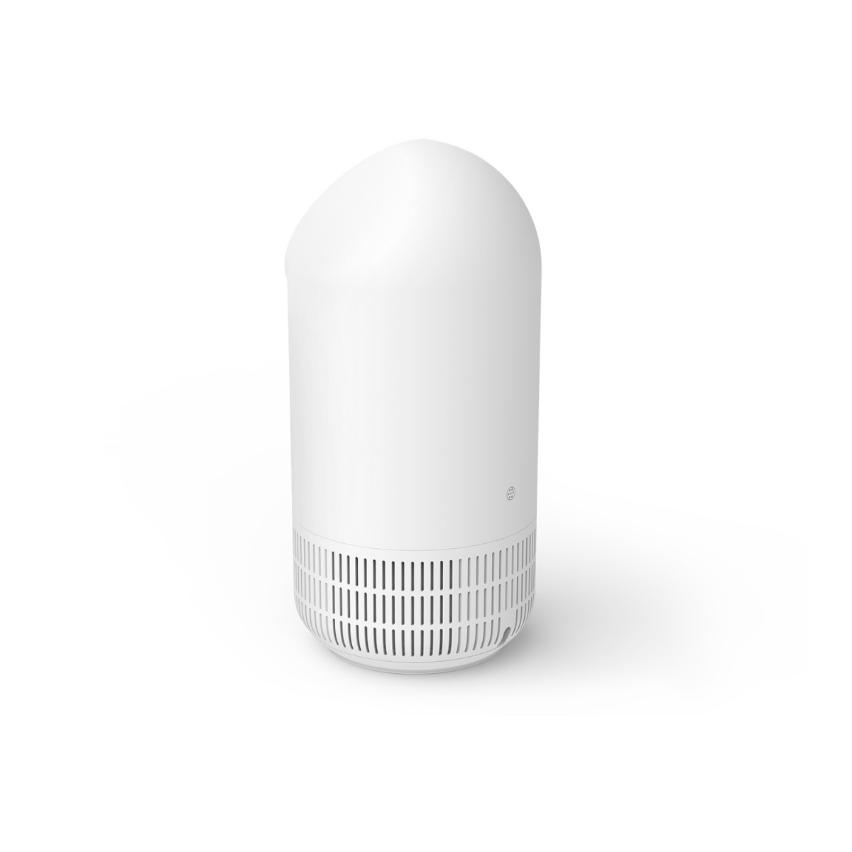 Purificador de aire blanco con parte superior redondeada y base perforada.