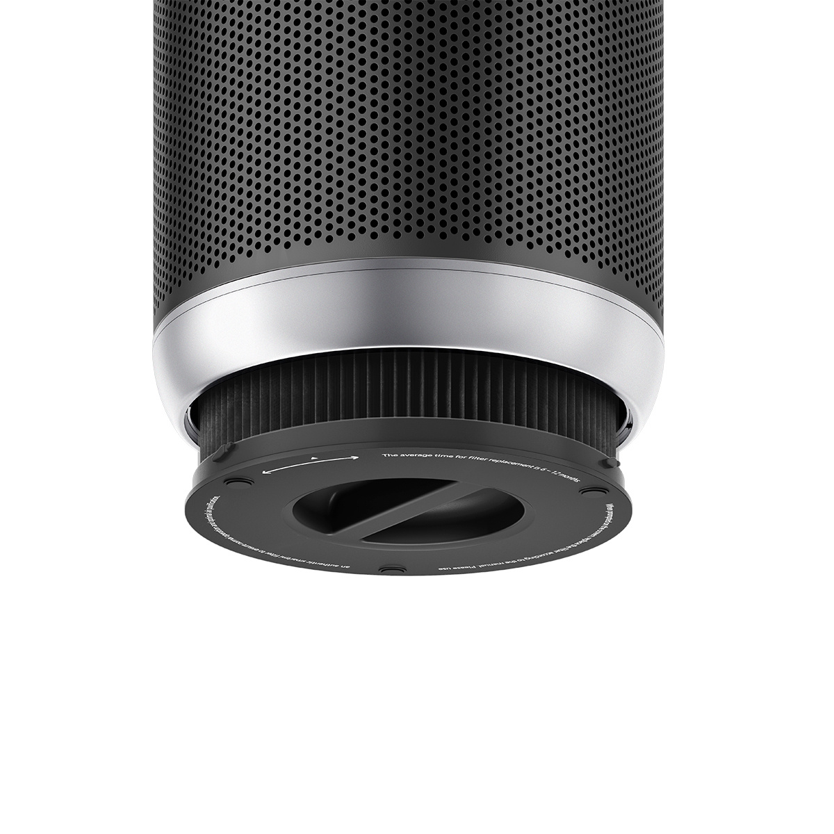 Filtro purificatore d'aria con superficie nera perforata e anello argentato.