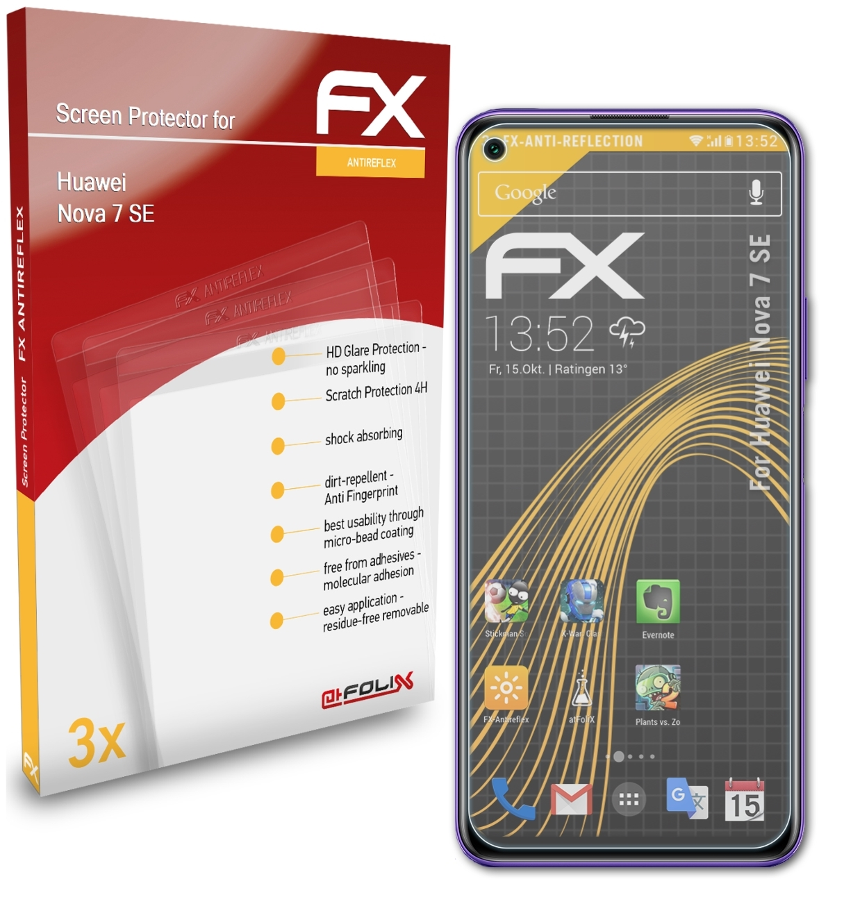 ATFOLIX 3x FX-Antireflex SE) 7 Nova Displayschutz(für Huawei