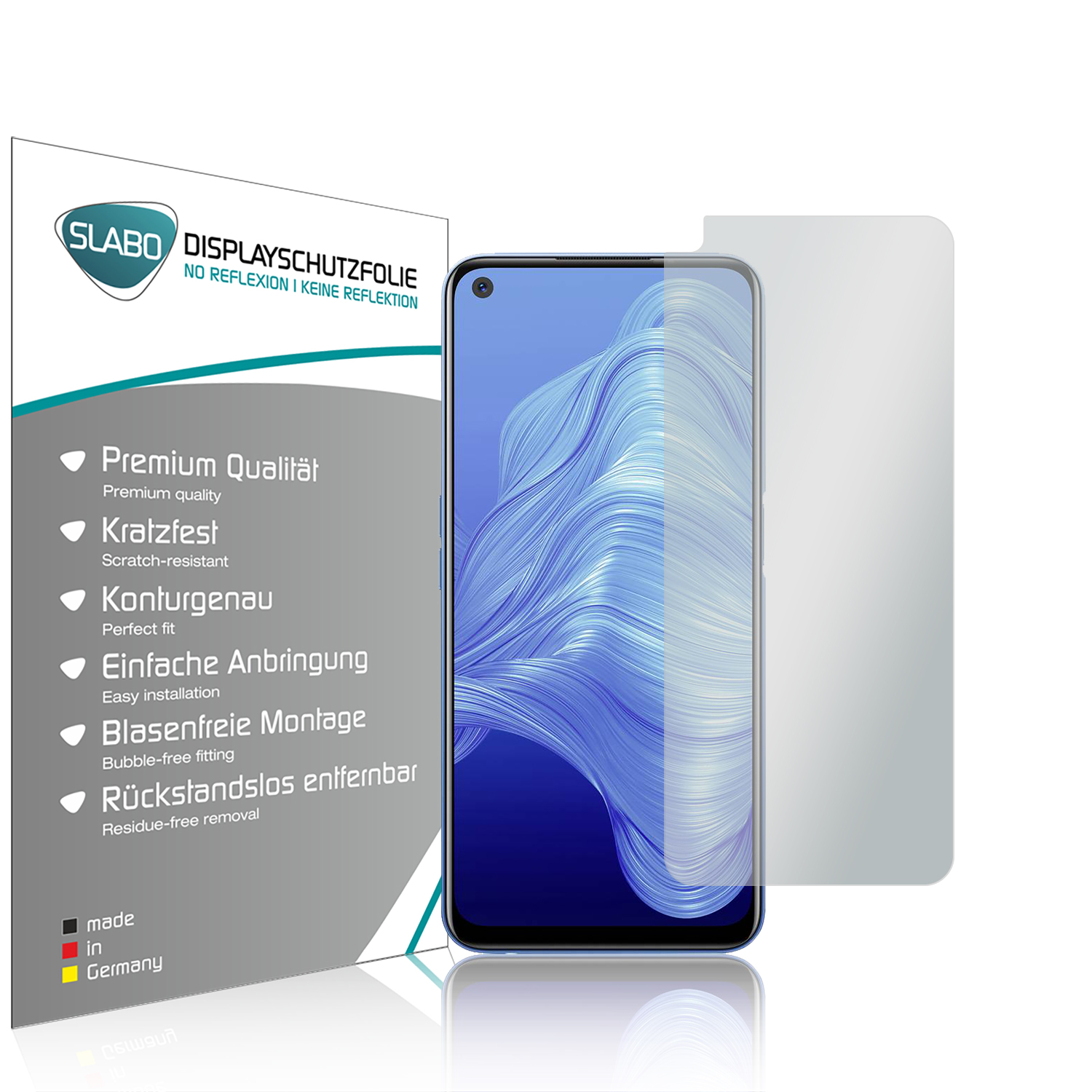 Telefon, Displayschutzfolie und Schachtel. Die Schachtel enthält Funktionen. Weißer Hintergrund.