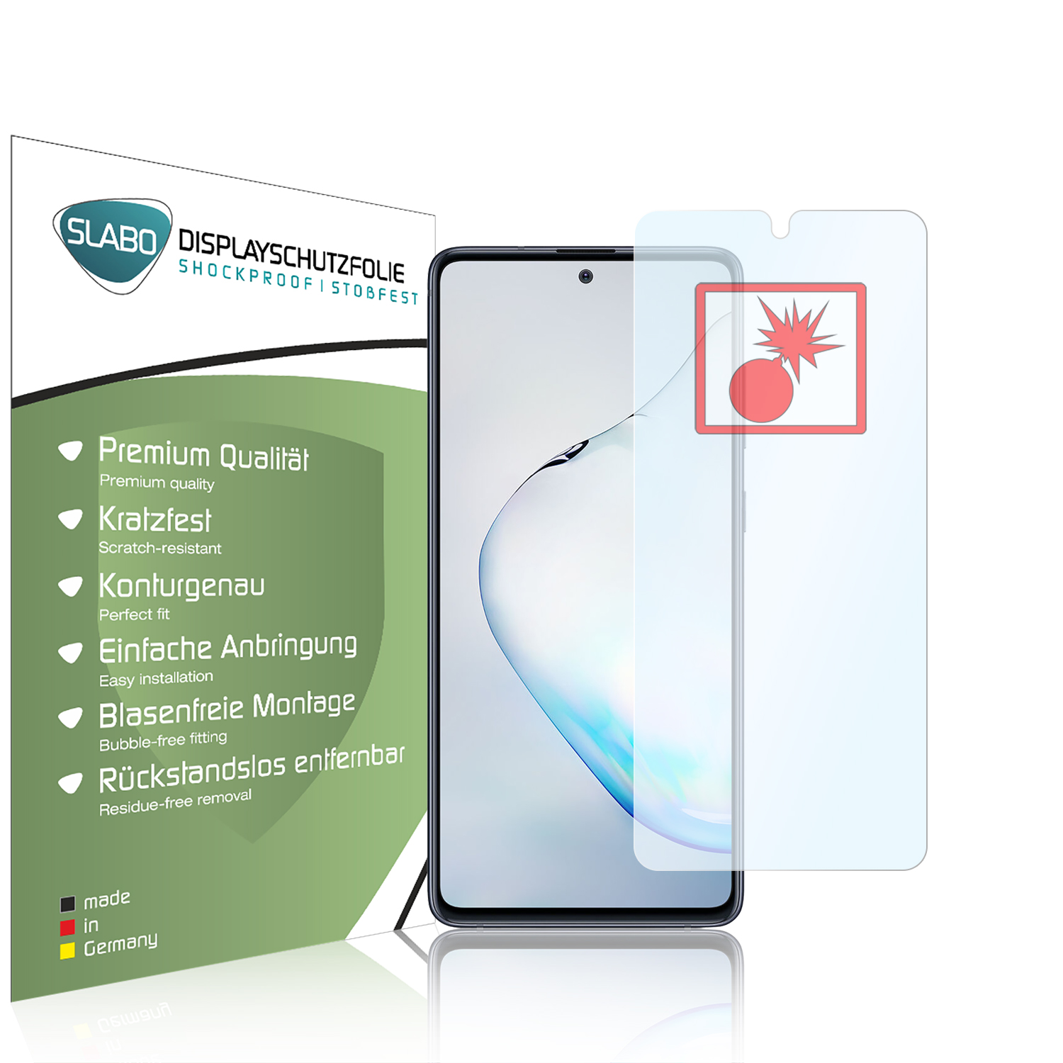 Ein Telefon mit einem Displayschutzfolien-Kit. Das Kit hat eine Box und einen Protektor.
