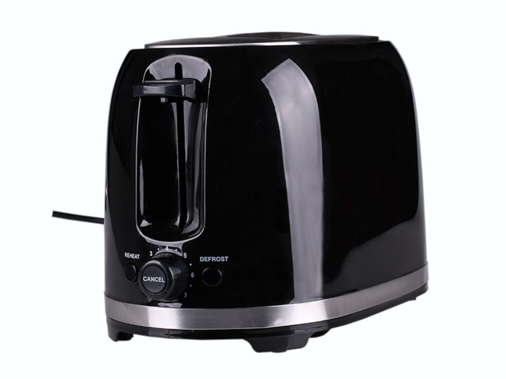 Schwarzer Toaster mit silberner Zierleiste und Drehregler. Mit Aufwärm-, Stopp- und Auftautaste.
