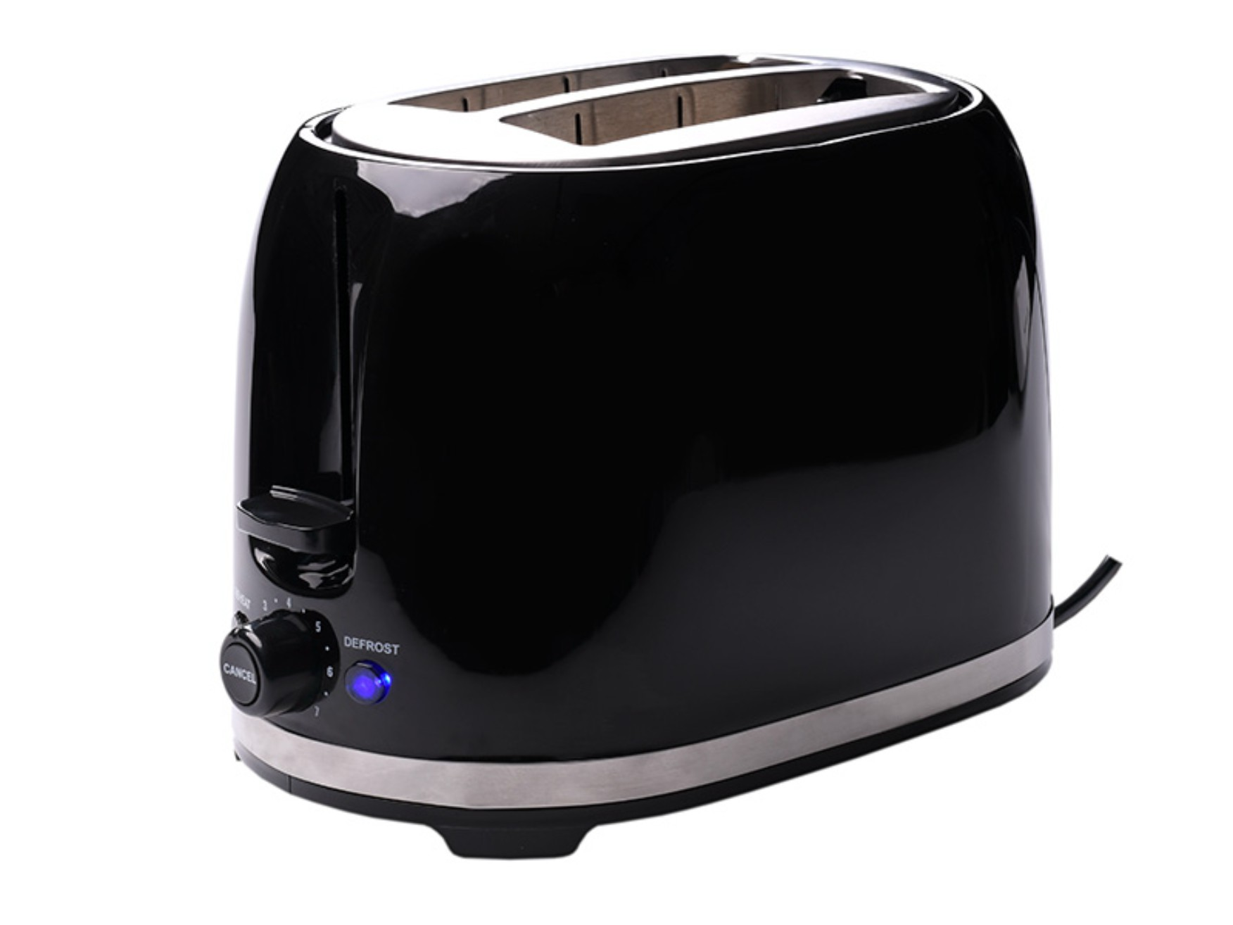 Schwarzer Toaster mit zwei Schlitzen. Ein Drehregler und ein blaues Licht befinden sich am Boden.