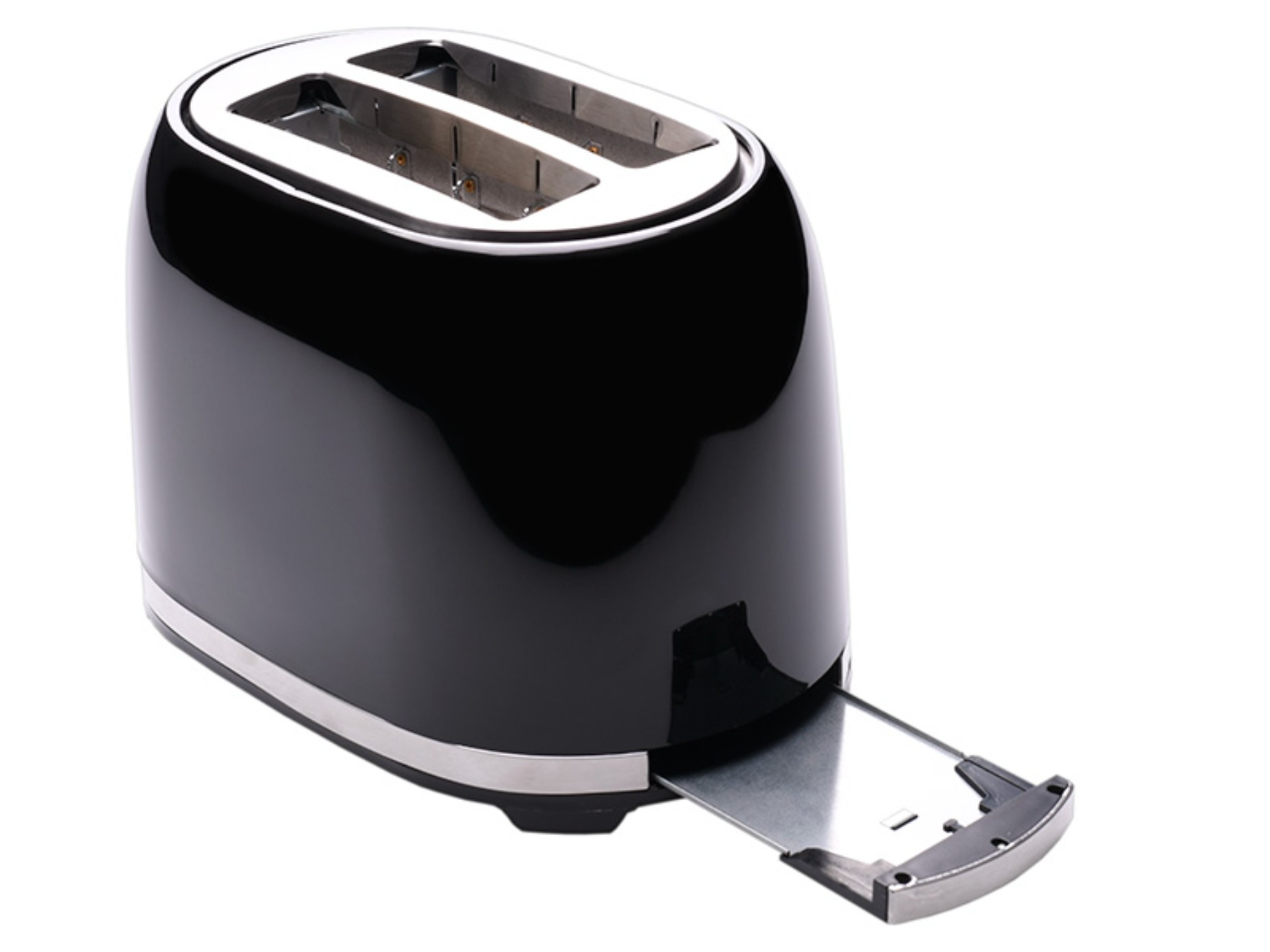 Ein schwarzer und silberner Toaster mit zwei Schlitzen und einer Krümelschublade befindet sich im Vordergrund.