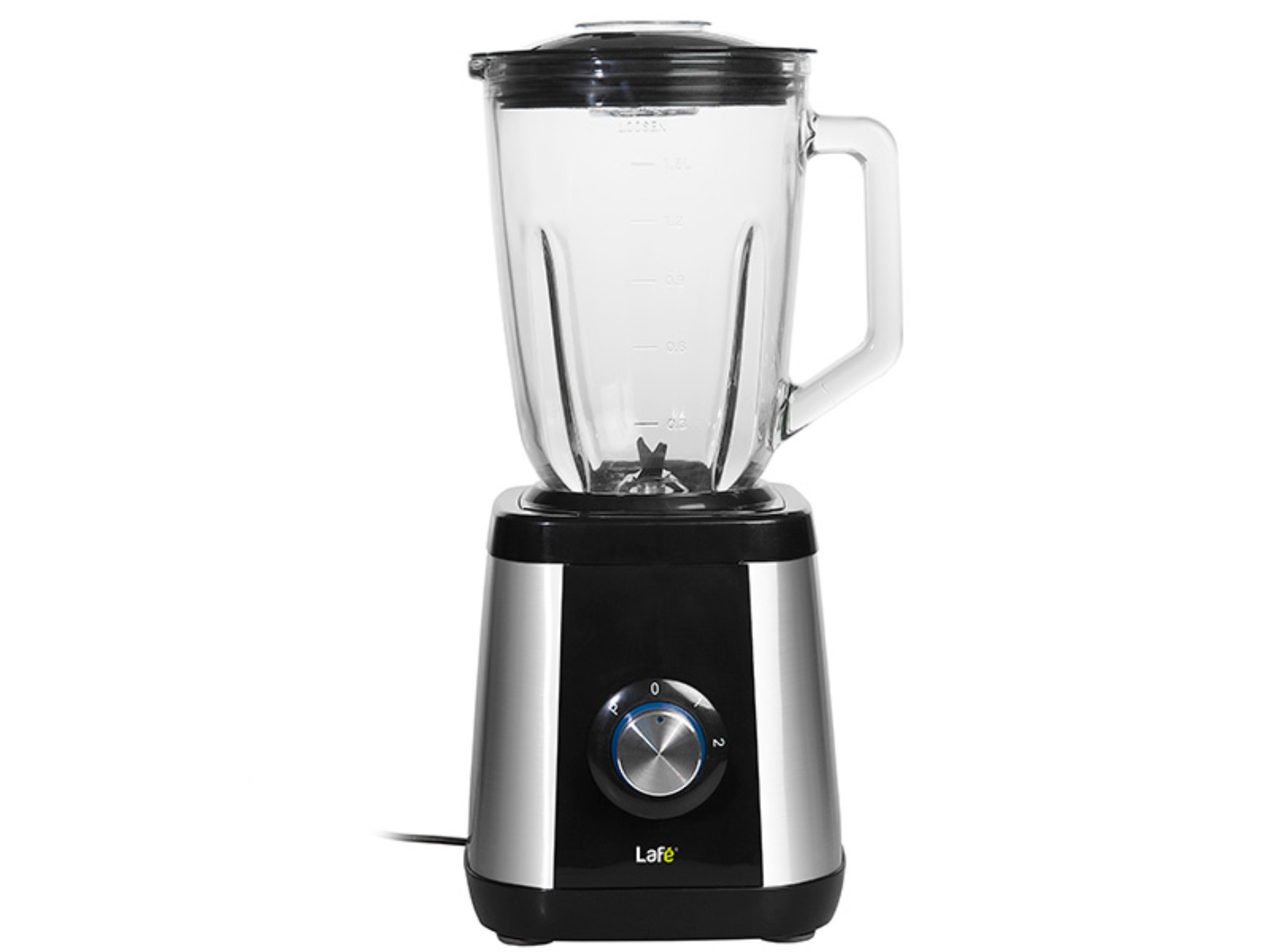 Silberner und schwarzer Mixer mit einem Glasbehälter.