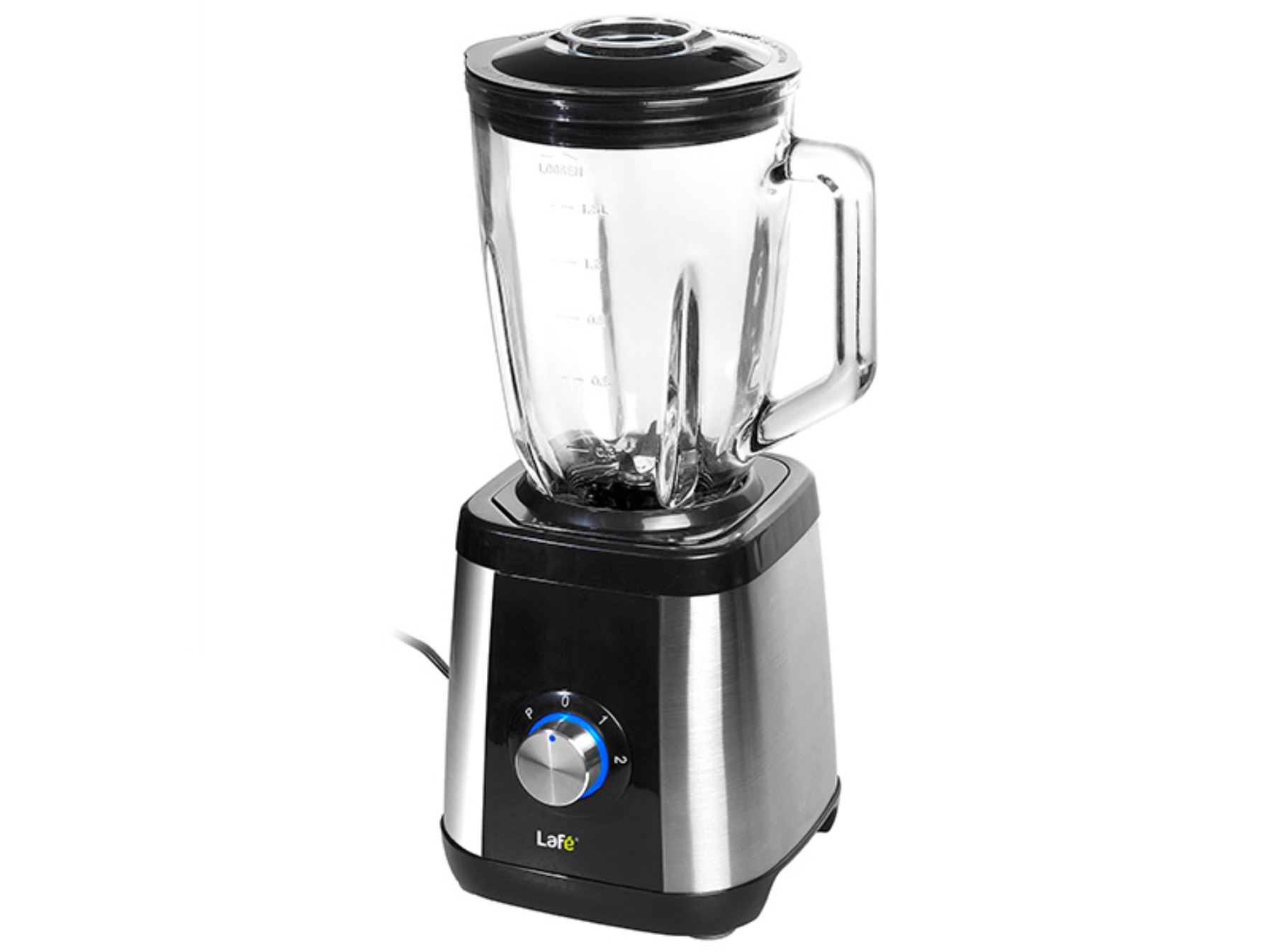 Mixer mit Glaskrug auf schwarzer Basis. Bedienelemente und Markenname Lafe sichtbar.