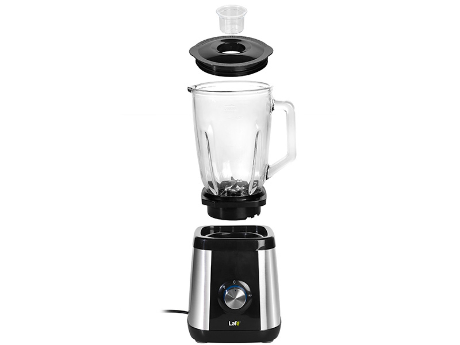 Zerlegter Mixer: Basis, Glaskrug, Deckel und kleiner Becher. Komponenten getrennt.