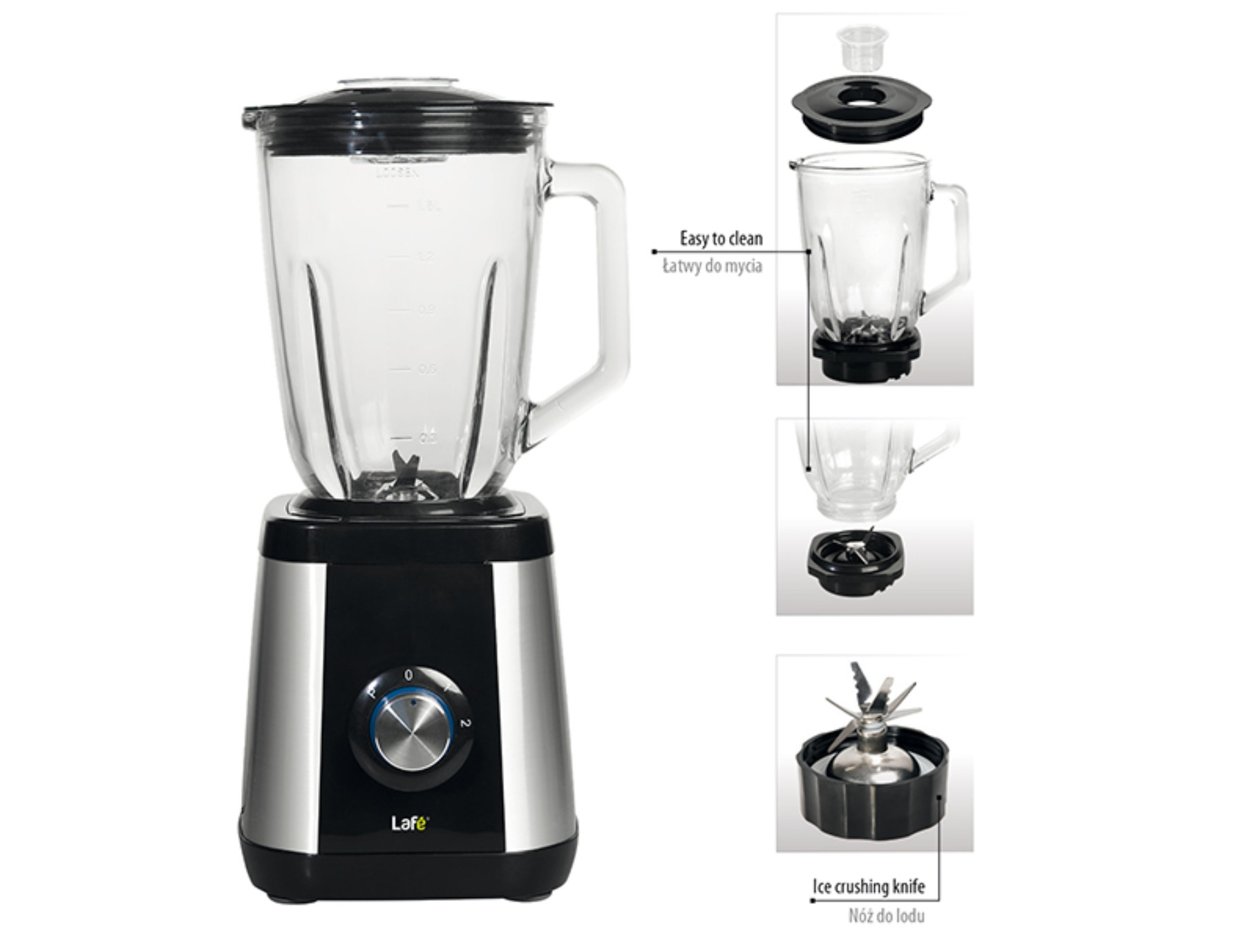 Ein Mixer mit einem Glaskrug und einem schwarzen Sockel. Er wird zerlegt mit beschrifteten Teilen gezeigt.