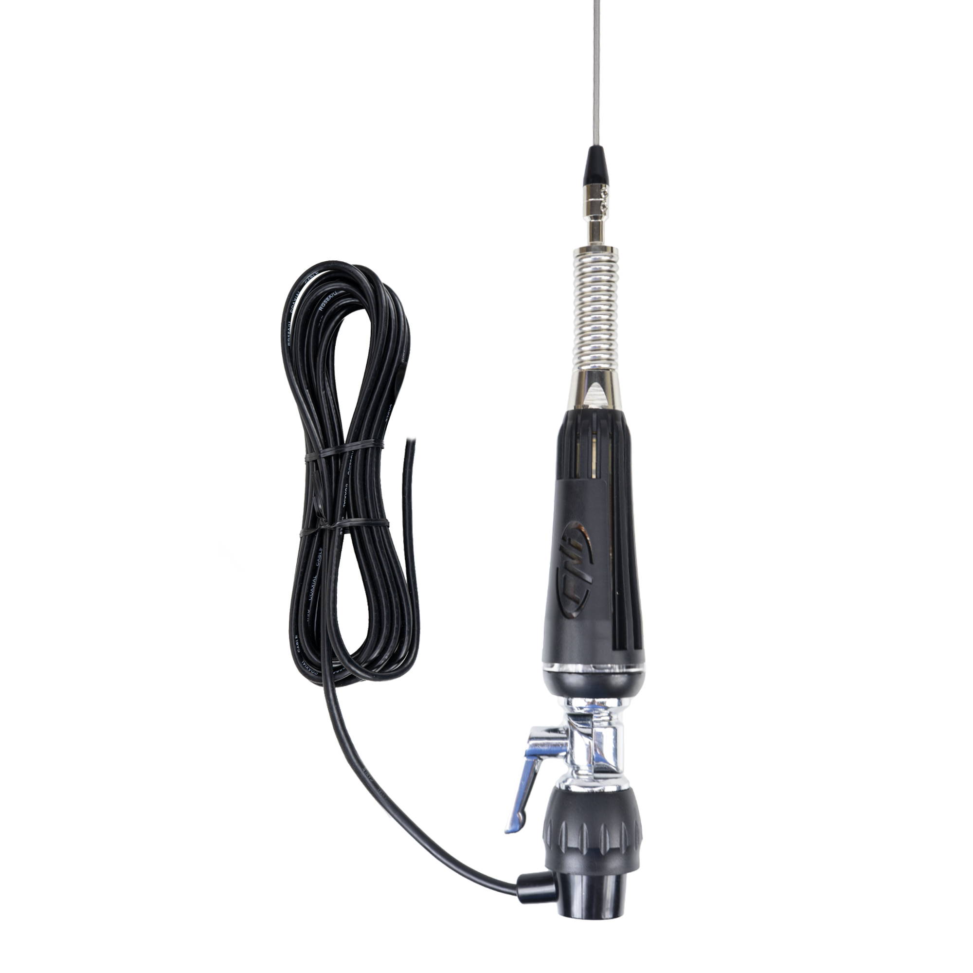 Schwarze Autoantenne mit gewickeltem Draht und Sockel, vor weißem Hintergrund.