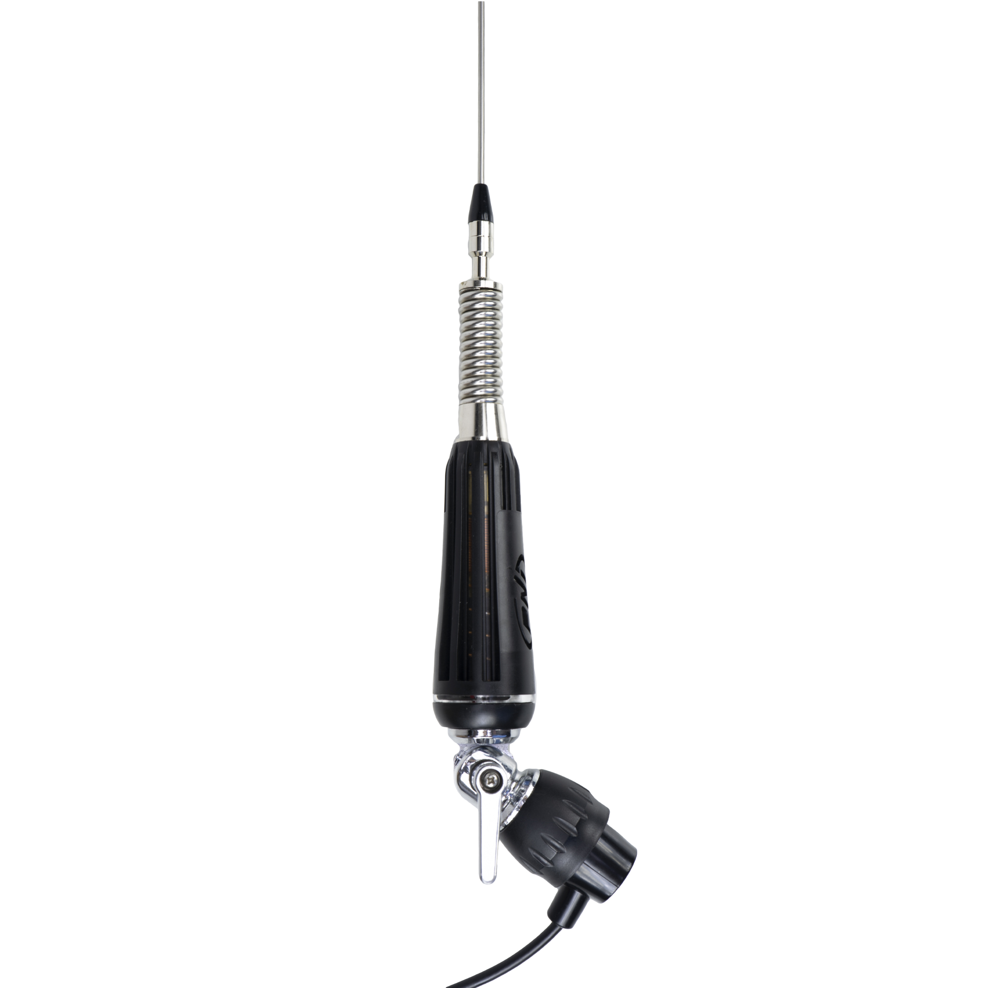 Eine Autoantenne mit schwarzem Griff, silberner Feder und schwarzem Stecker.