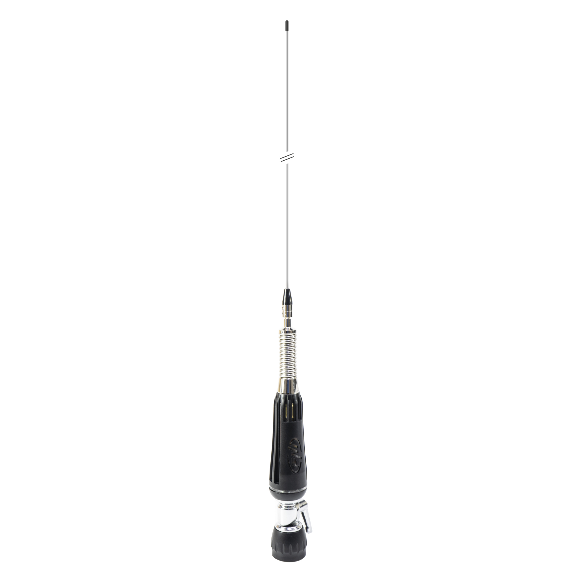 Antenne, schwarze Basis, silberne und schwarze Elemente. Weißer Hintergrund.