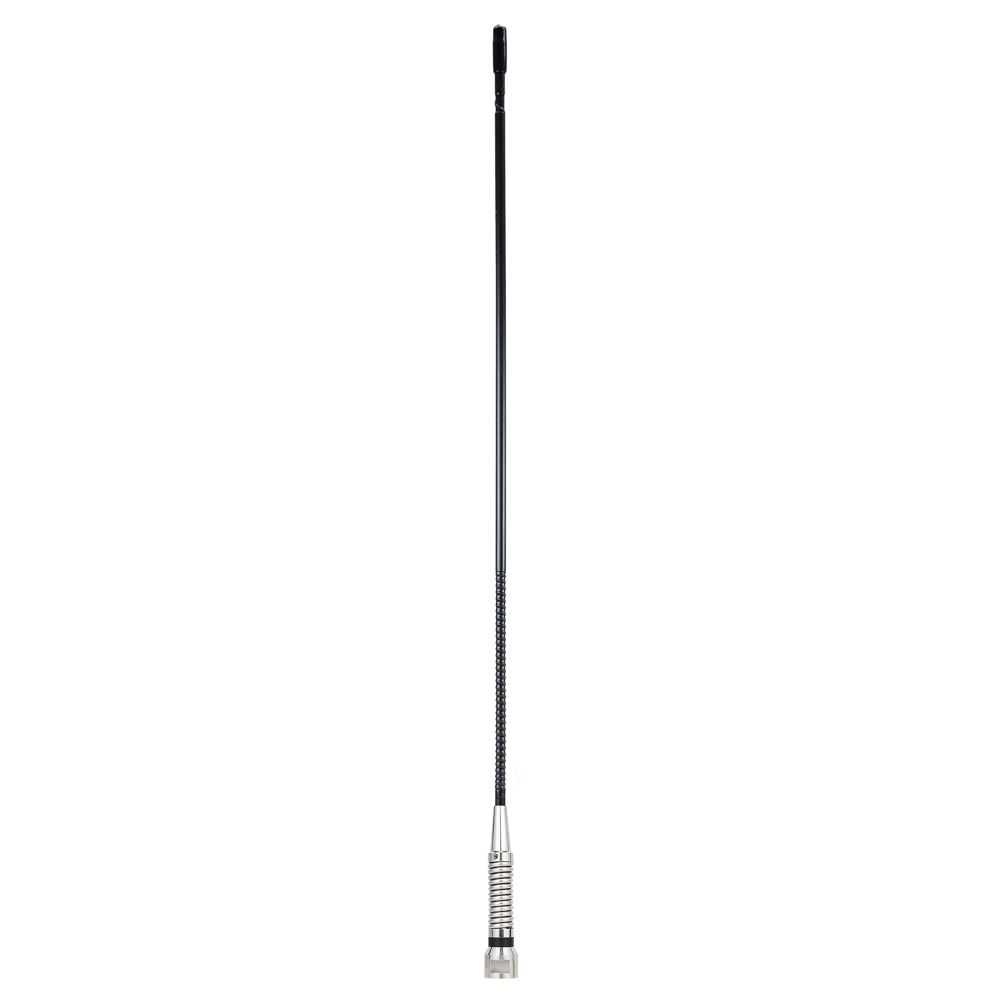 Eine lange, schwarze Antenne. Es ist ein dünner, gerader Stab mit silbernem Fuß.
