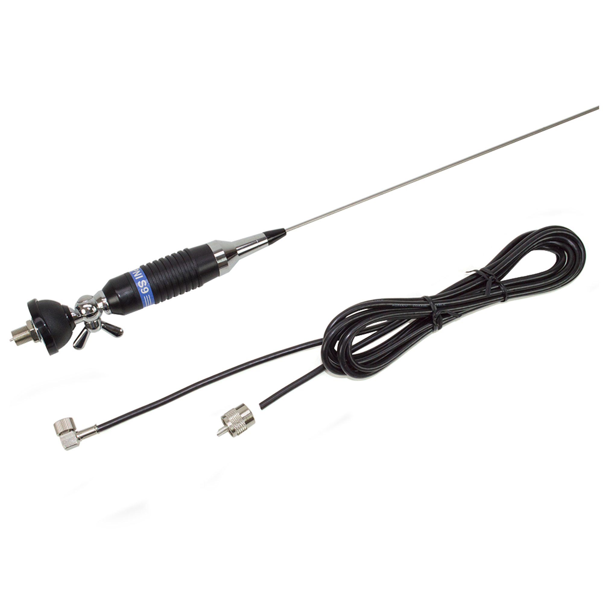 Eine schwarz-silberne Antenne mit schwarzem Kabel und Anschlüssen auf weißem Grund.