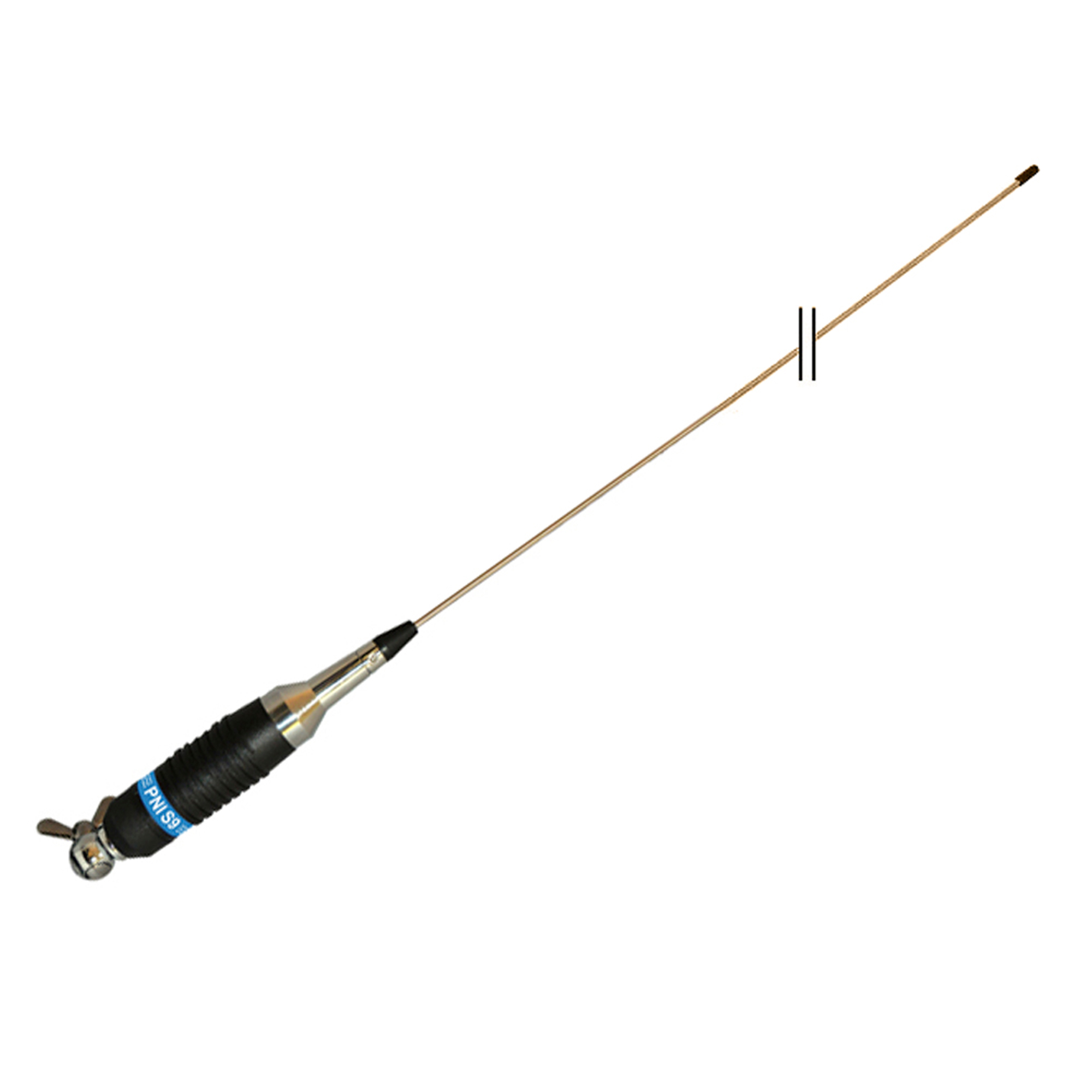 Eine lange Antenne mit schwarzem Sockel und blauem Etikett.