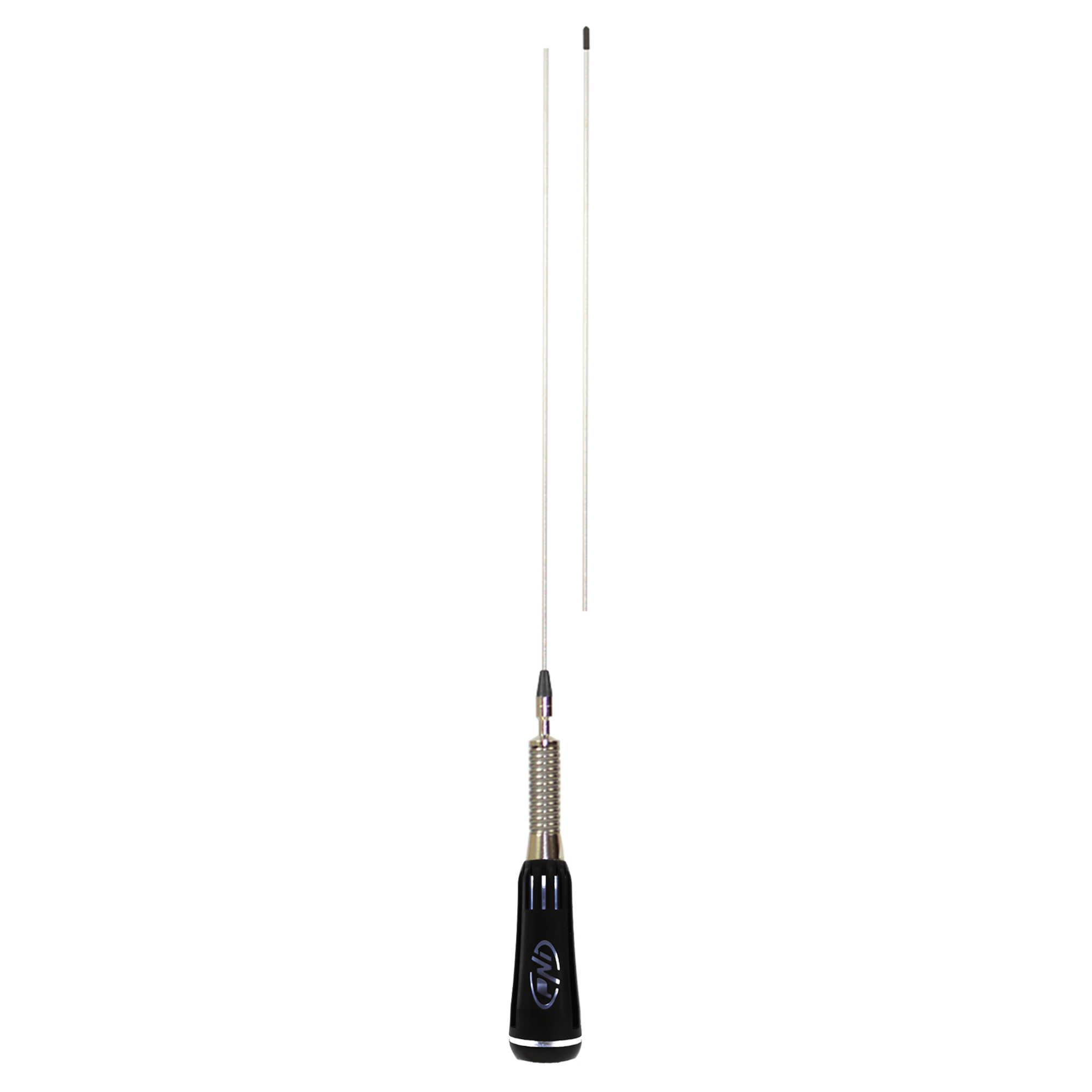 Schwarze und silberne Autoantenne vor weißem Hintergrund, aufrecht stehend.