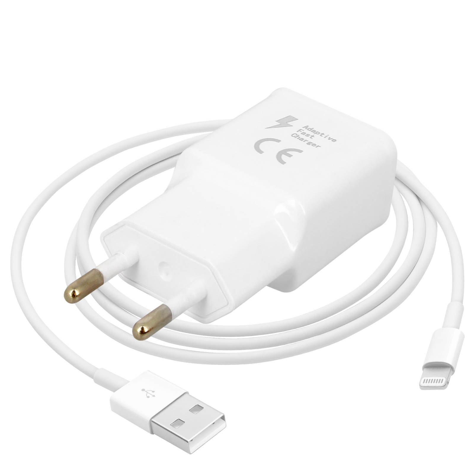 Caricabatterie per telefono bianco con cavo bianco e porta USB e Lightning.