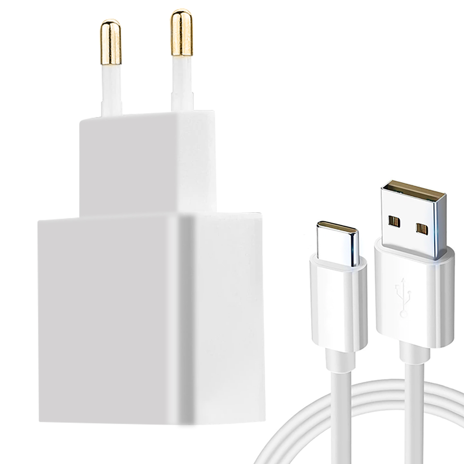 Caricabatterie bianco con pin dorati e cavo USB-C bianco su sfondo bianco.