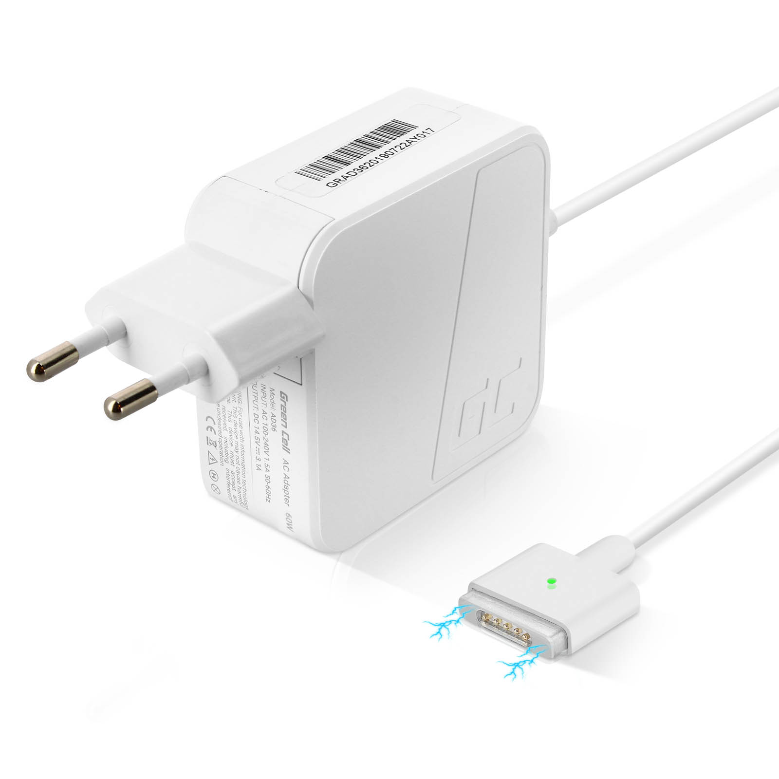 Caricabatterie bianco con cavo e connettore. Si collega a una presa e ha un connettore magnetico.