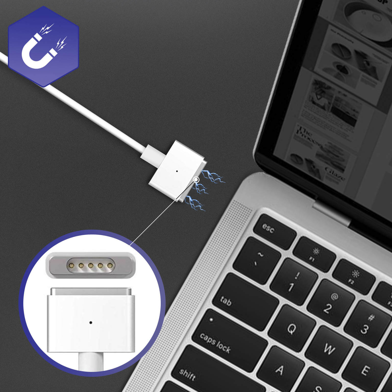 Un caricabatterie per laptop con un cavo bianco collegato a un laptop. Dettaglio del connettore magnetico.