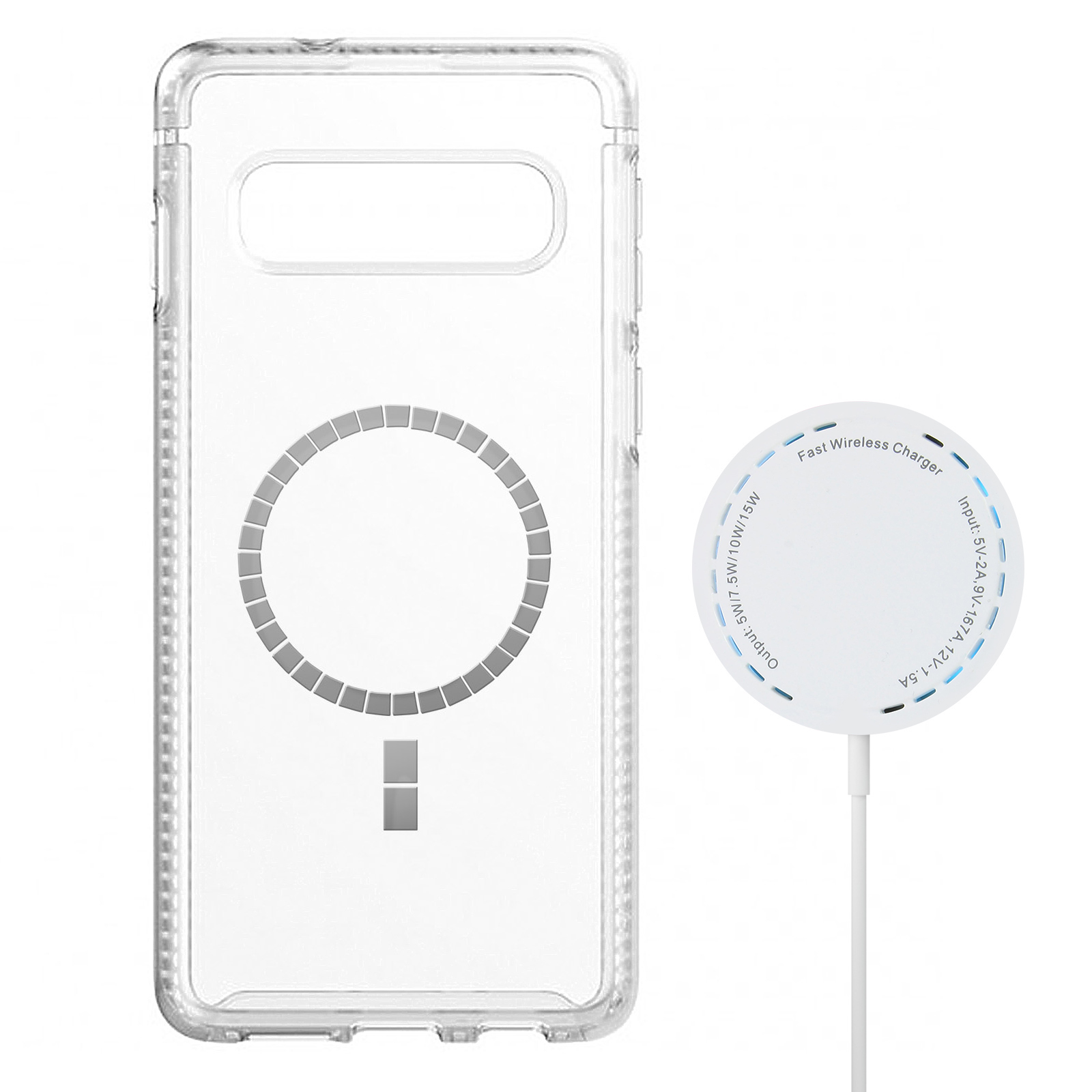 Custodia trasparente e caricatore wireless. Caricatore bianco con luci blu e cavo.