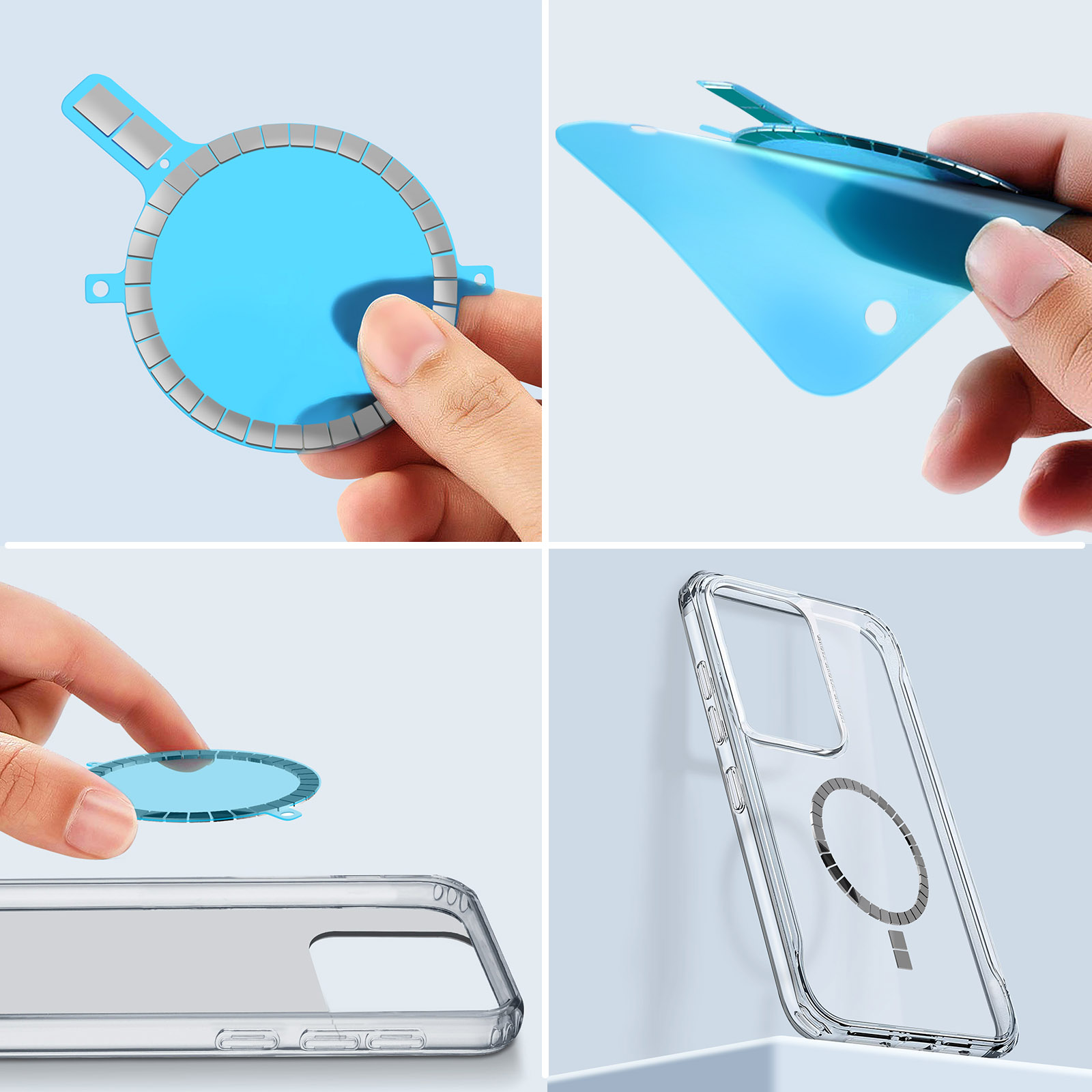 Mani che tengono un accessorio blu per telefono con un anello grigio e una custodia trasparente.