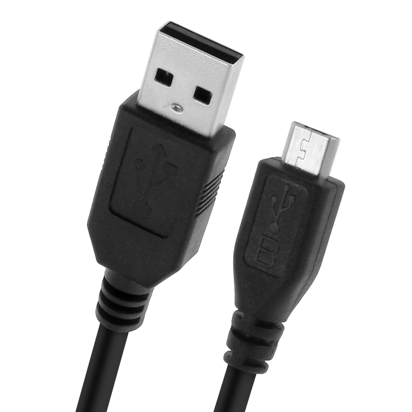 Câble USB noir avec connecteur USB et micro-USB sur fond blanc.