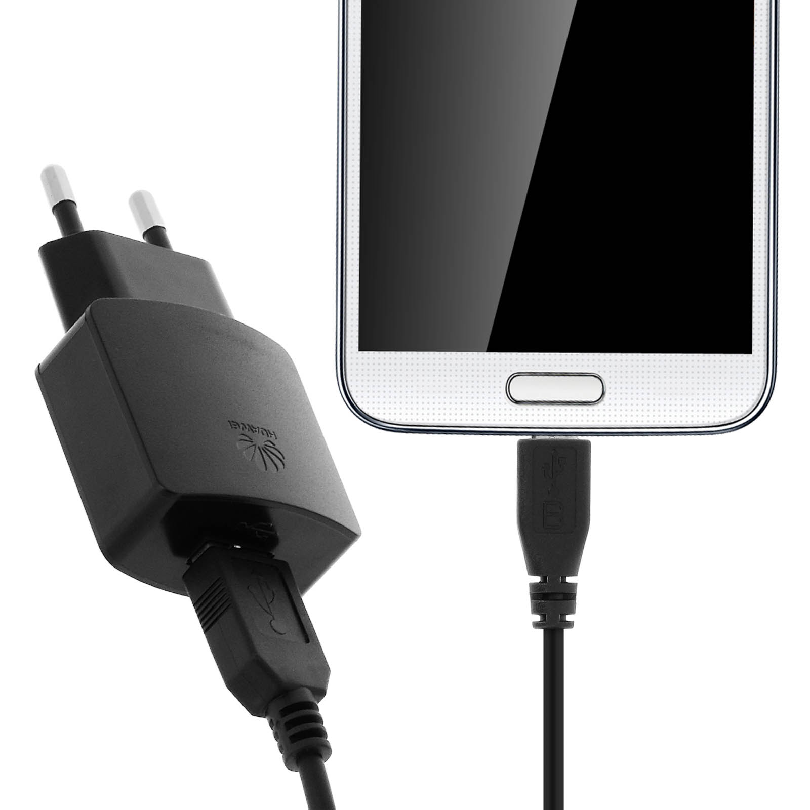Un chargeur noir est branché sur un téléphone. Le chargeur est branché sur une prise murale.