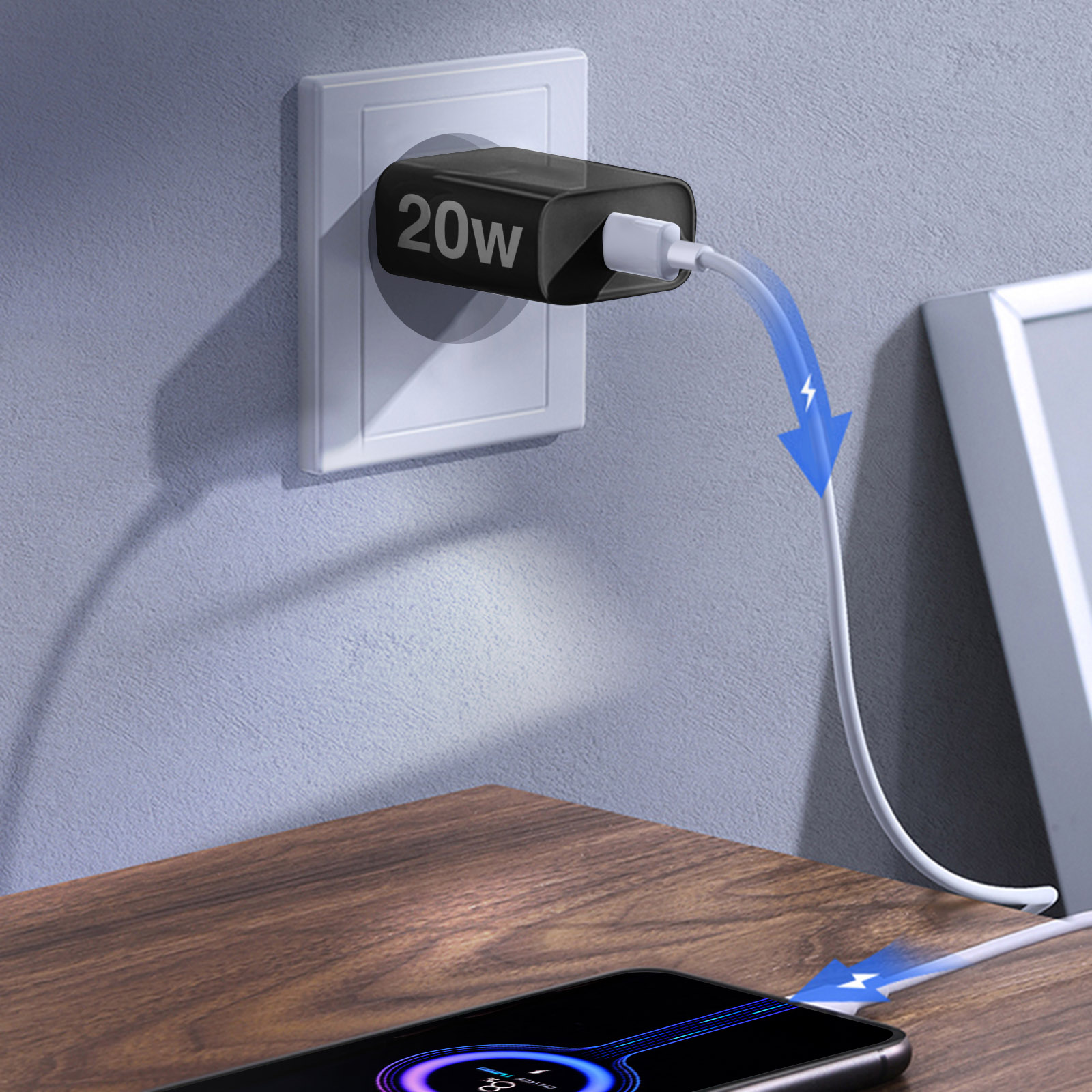 Un caricatore nero da 20W collegato a una presa a muro, che carica un telefono. Simboli di elettricità blu.