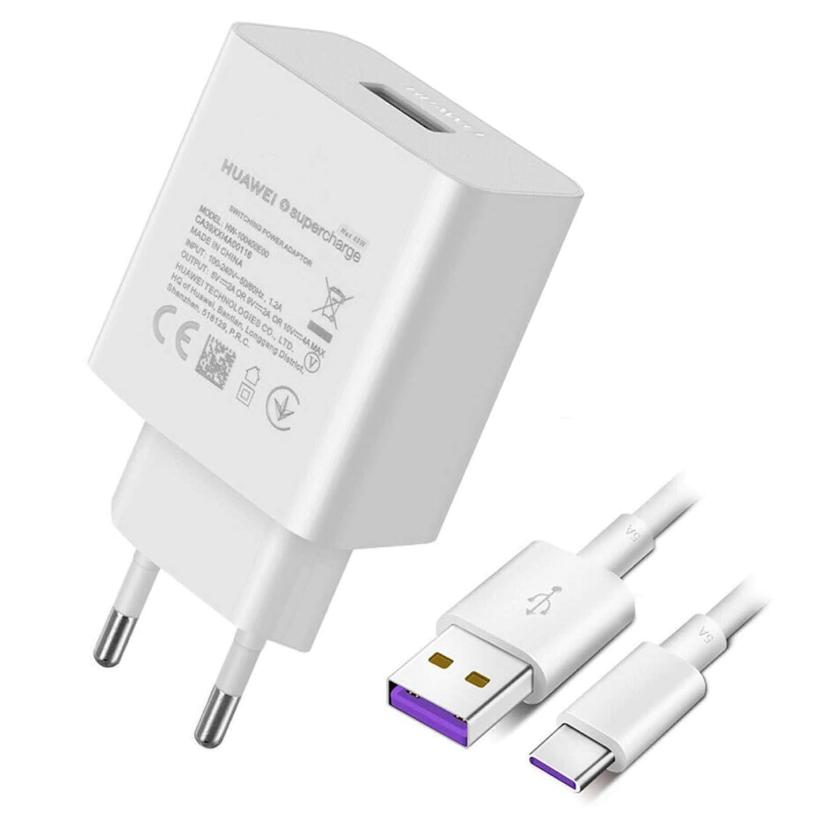 Chargeur Huawei blanc avec un câble USB-C et un port USB.
