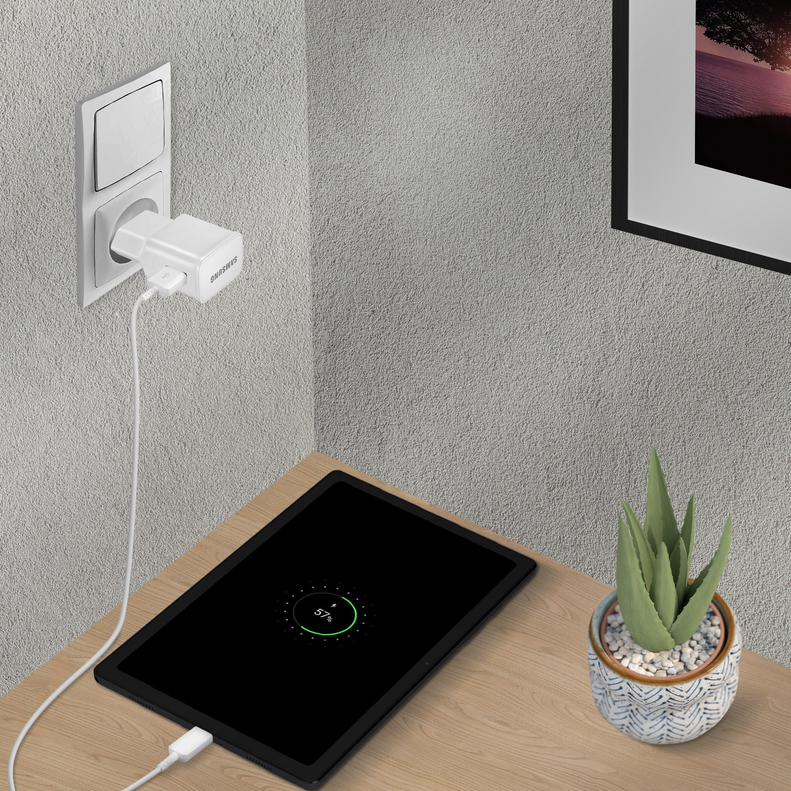 Tablet in carica con un caricatore bianco collegato a una presa a muro, con una pianta.