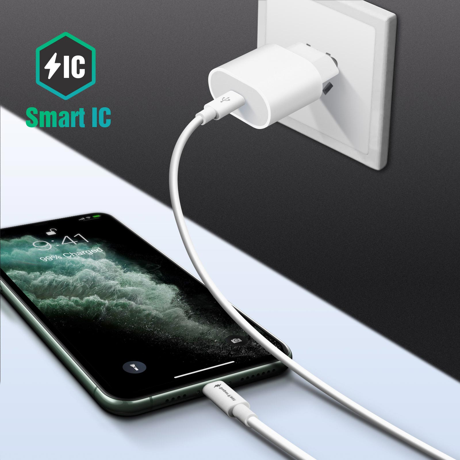 Telefono in carica con cavo collegato a un adattatore da parete. Testo Smart IC visibile.