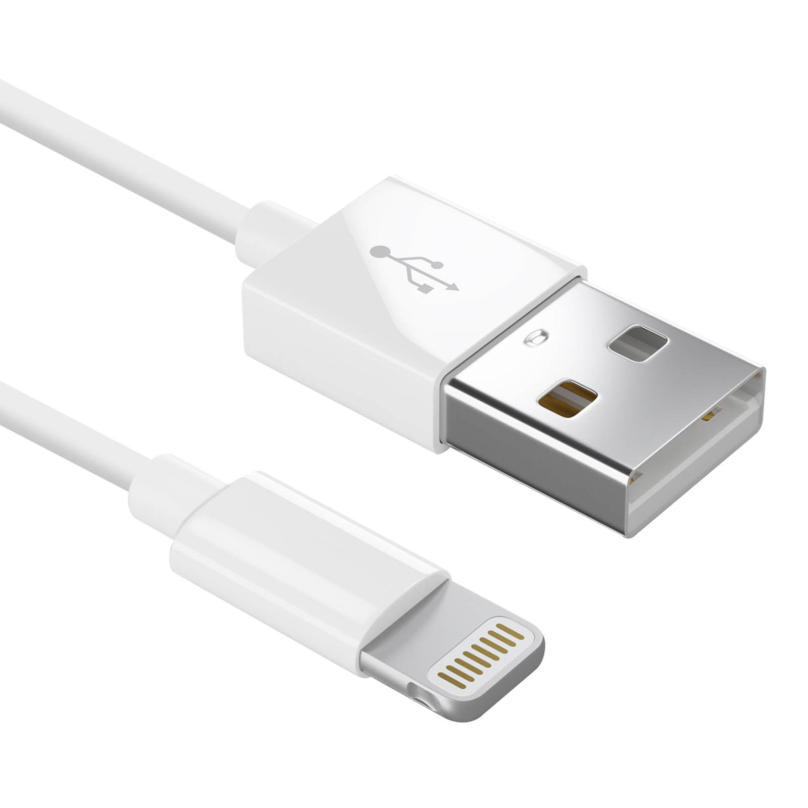 Cavo USB bianco con connettore Lightning e connettore USB-A.