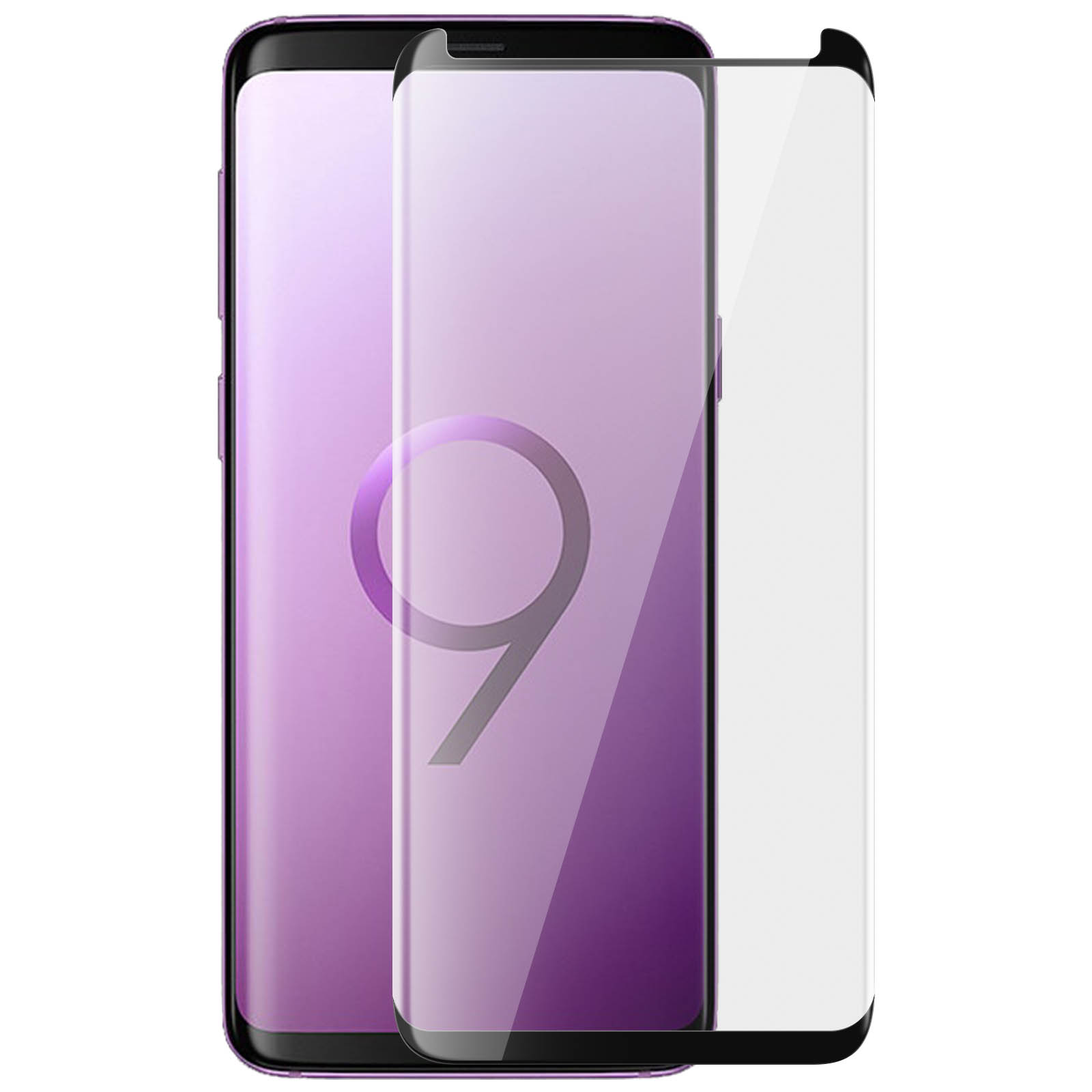 Uno smartphone con una protezione per lo schermo accanto. Il telefono è viola.