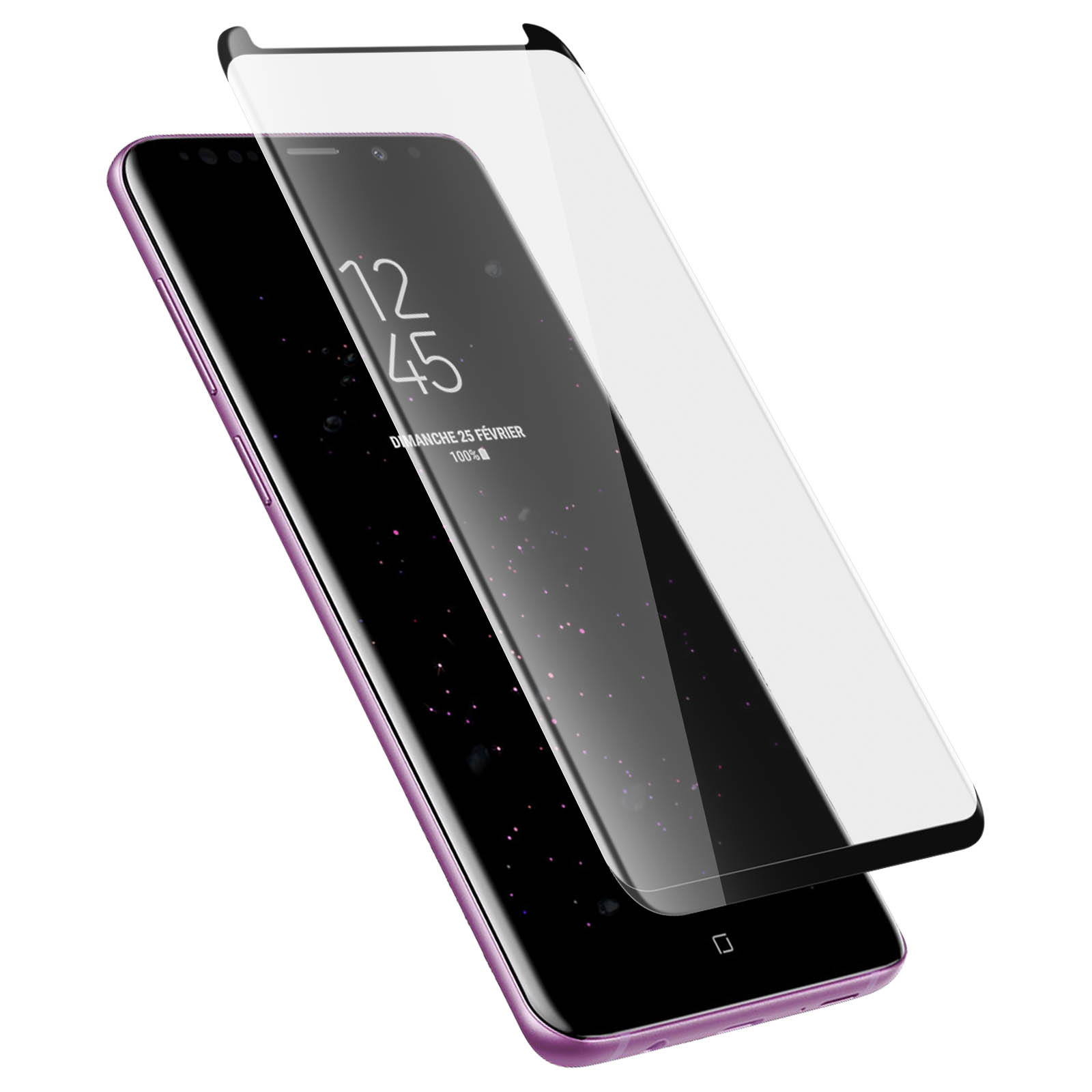 Un telefono viola con protezione per lo schermo in applicazione. Lo schermo mostra l'ora e la data.